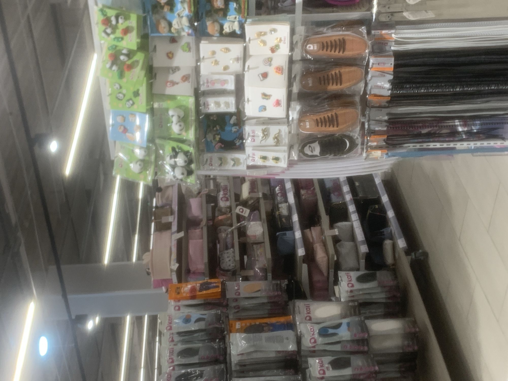 This image captures a brightly lit retail store aisle, likely a supermarket or a department store specializing in footwear and accessories. No people are visible in the frame. The perspective is slightly tilted.
On the upper shelves, various small, packaged items are displayed. To the left, there are numerous colorful packages containing small figurines or novelty items, many featuring panda designs, suggesting stationery or decorative accessories. Adjacent to these, several pairs of men's brown, loafer-style shoes are individually packaged in clear plastic, alongside one black and white sneaker. Further to the right, stacks of neatly organized shoe laces or similar textile items, in black and white/grey, are visible.
The lower shelves are predominantly stocked with packaged shoe accessories, such as insoles and foot care products. The brand "Kari" is clearly visible on numerous packages throughout this section. The store's interior features a high ceiling with multiple long, fluorescent light fixtures, indicating an indoor commercial setting. The shelving units are metal, typical of a retail environment. The overall scene suggests a well-stocked store in Saint Petersburg, Russia, offering a variety of merchandise.