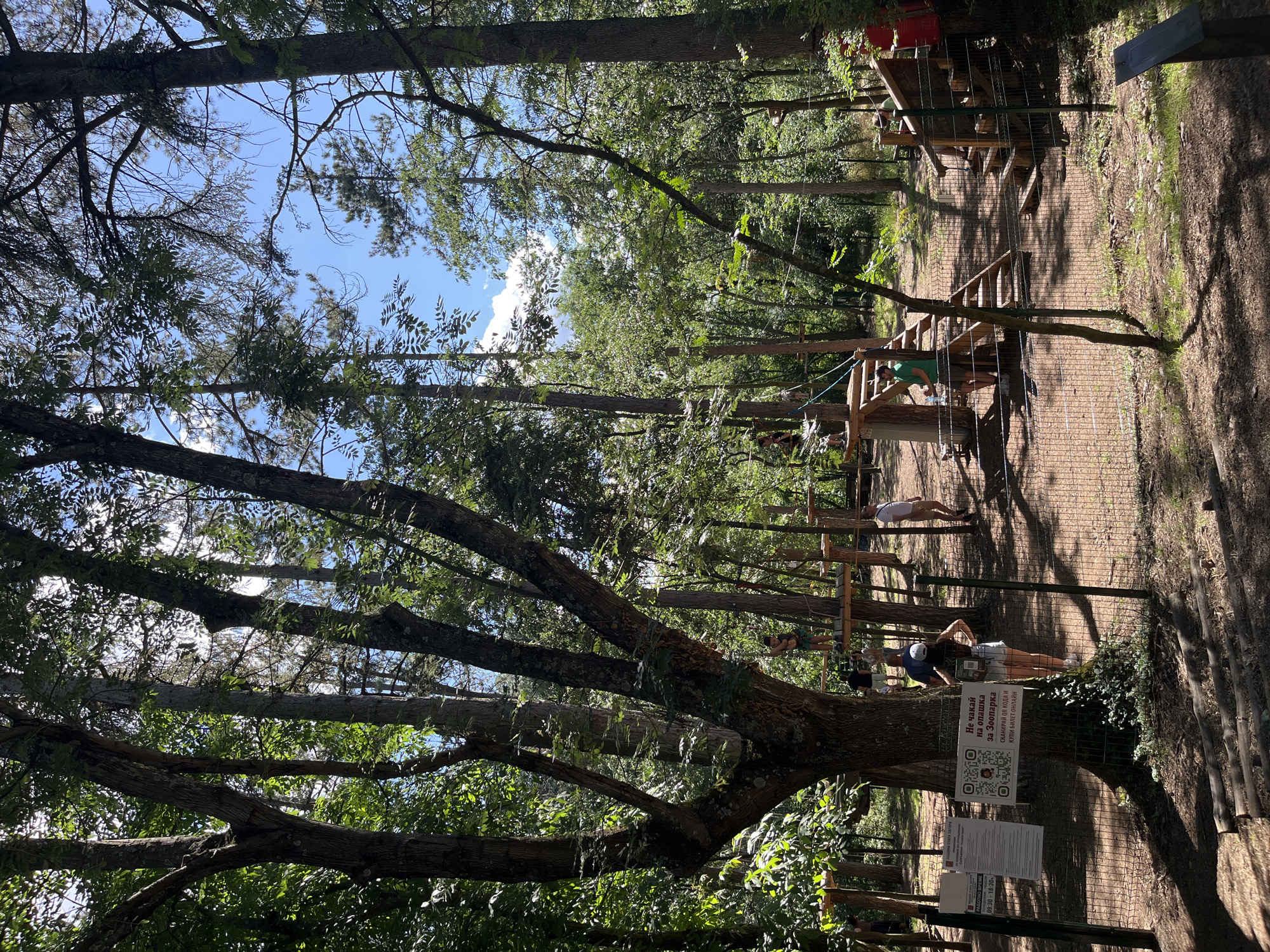 The image depicts an adventure park in Stara Zagora, Bulgaria. The park features a rope course with wooden platforms, bridges, and climbing structures set amidst a dense forest. Several individuals are visible, some participating in the activities on the course and others observing from below. The scene is illuminated by natural sunlight filtering through the trees, casting shadows on the ground. Signs with text and QR codes are present near a fence, suggesting information or ticketing facilities. The environment appears to be a recreational area within a wooded natural setting.