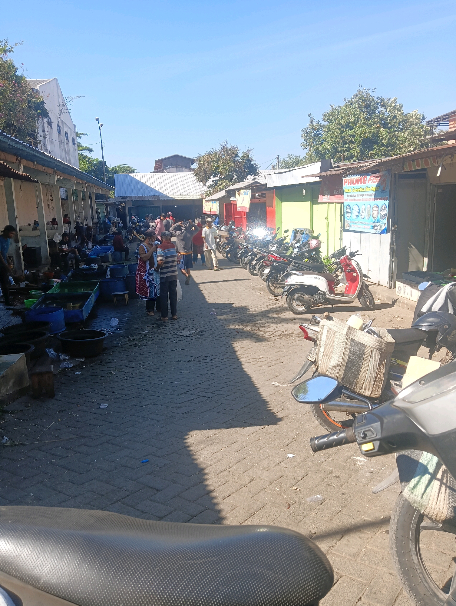 The image depicts a bustling outdoor market scene in Sokaraja, Indonesia. The foreground is dominated by the dark, textured seat of a parked motorcycle. To the right of the motorcycle seat, a portion of another motorcycle is visible, featuring a silver body, a black tire with an orange rim, and a side mirror. Behind this, a red and white scooter is parked, with a woven bag attached to its rear.
The market itself is lined with stalls, many with corrugated metal roofs and open fronts. Several people are milling about the market, some in groups and others individually. In the middle ground, a man in a striped shirt and pants stands next to a woman wearing a red and white patterned apron and a blue and white striped cloth. They appear to be engaged in a conversation. Further back, a line of parked motorcycles extends along the right side of the market.
The ground is paved with interlocking bricks. In the left and central areas of the market, numerous large blue and black plastic containers are visible, some filled with water or possibly goods. Some of these containers are arranged in rows. Debris, including plastic and paper, is scattered on the ground.
The background reveals more market stalls and buildings, one of which has a sign with text in Indonesian and a graphic of what appears to be seafood. Trees and vegetation are also present, with some branches reaching over the market stalls. The sky above is clear and blue, indicating a sunny day. The overall impression is one of a vibrant and active local marketplace.