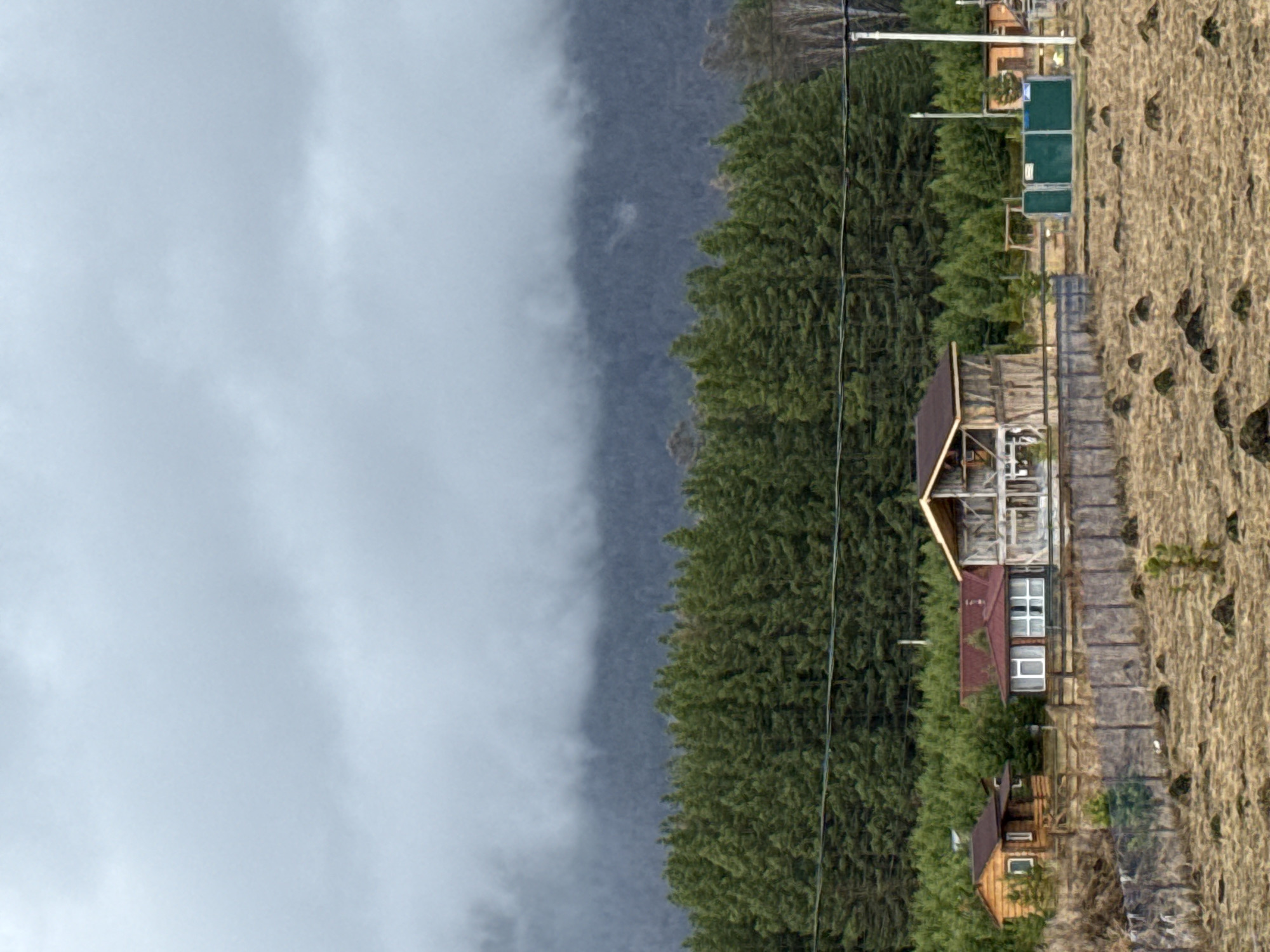The image shows a vertical panorama of a rural scene near Tyulyuk, Russia. A mountain range is obscured by fog on the left. A dense forest of evergreen trees runs vertically through the center. On the right, a field of brown grass with scattered dark rocks is visible. Several small wooden buildings with red and brown roofs are interspersed along the edge of the forest and the field. Power lines run through the scene.