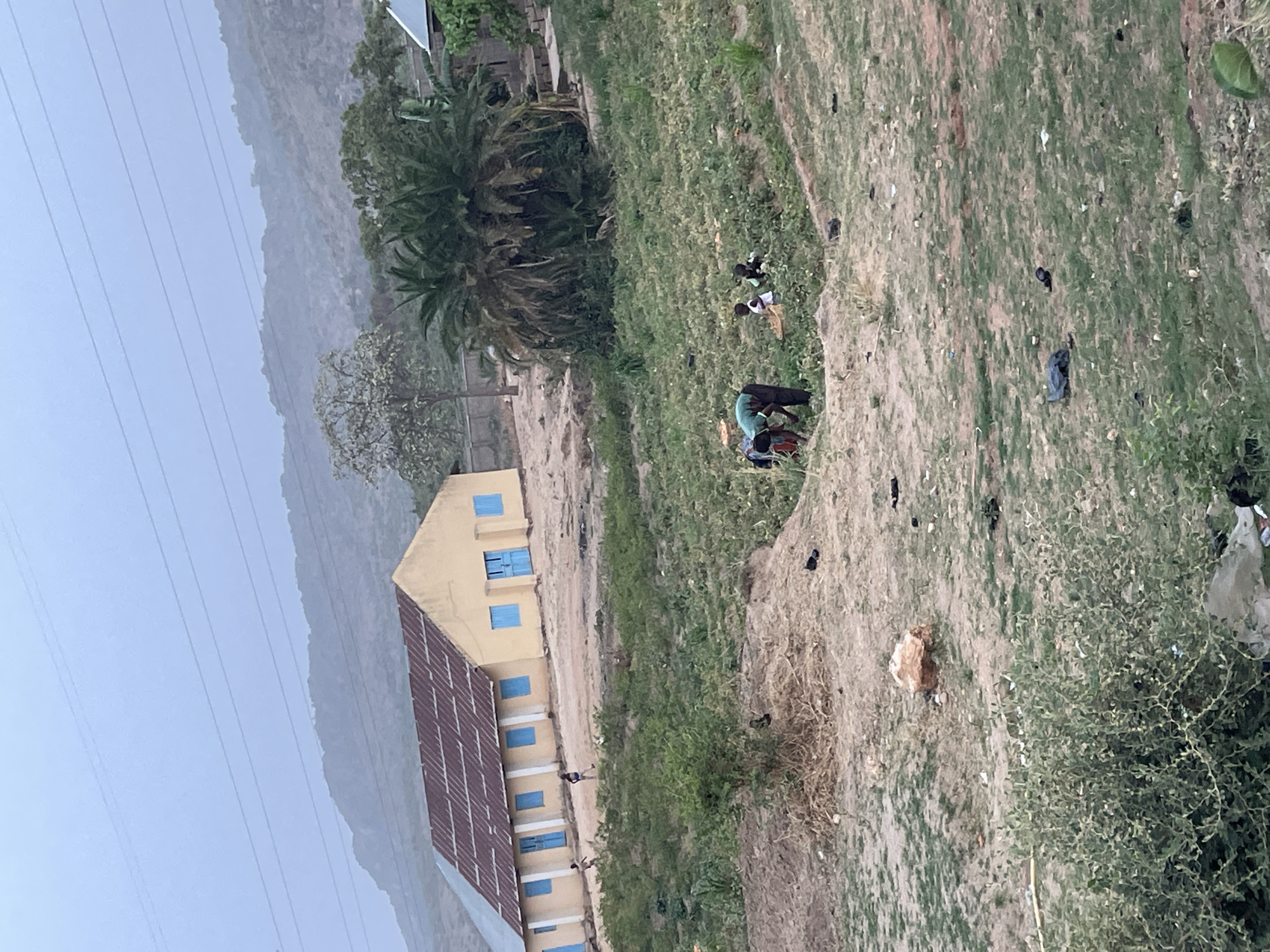 The image depicts a rural scene in Kura, Nigeria. A two-story building with a brown roof and yellow walls is visible on the left. Its windows are painted blue. In front of the building, there is a dirt area with scattered vegetation and trees. Several people are present, some kneeling on the ground as if working or collecting something, while others stand or walk nearby. The ground is a mix of bare earth and sparse grass. In the background, there is a mountain range obscured by hazy weather, with electrical lines stretching across the sky. The overall environment suggests a rural, potentially impoverished, area.