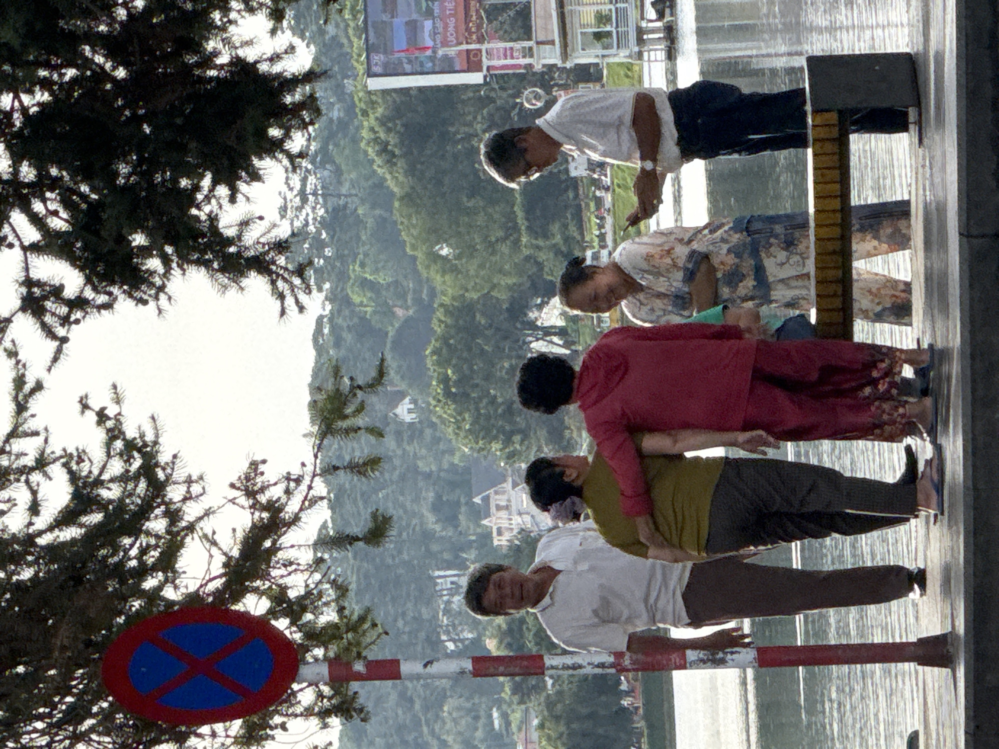 A group of five people are standing on a wooden boardwalk by a body of water, with a tree in the foreground and a hillside with buildings and trees in the background. The person on the far left is a man wearing a white polo shirt and dark pants, looking towards the camera with an open mouth. Next to him is a woman wearing a green shirt and dark pants, with her arm around the woman in the center, who is wearing a bright red jacket and pants. To the right of the women is a man in a white short-sleeved shirt and dark pants, looking down at his phone and wearing glasses. The woman to his left is wearing a patterned blouse and pants. A red and white striped pole is visible on the left side of the image, and a blue and red no-parking sign is attached to it. The overall scene suggests a casual outdoor gathering in Da Lat, Vietnam, possibly near Xuan Huong Lake, given the common presence of boardwalks, trees, and surrounding hills with architecture.