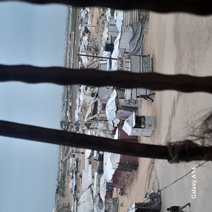 A low-angle perspective looks out at a densely packed refugee camp, framed by what appear to be metal window bars. The camp is filled with makeshift shelters made from canvas, tarps, and various scavenged materials. The structures are clustered together in a seemingly unplanned arrangement over a dusty, arid landscape. A figure walks along the edge of the camp. A border landscape is on the horizon. The sky is overcast and muted in tone.