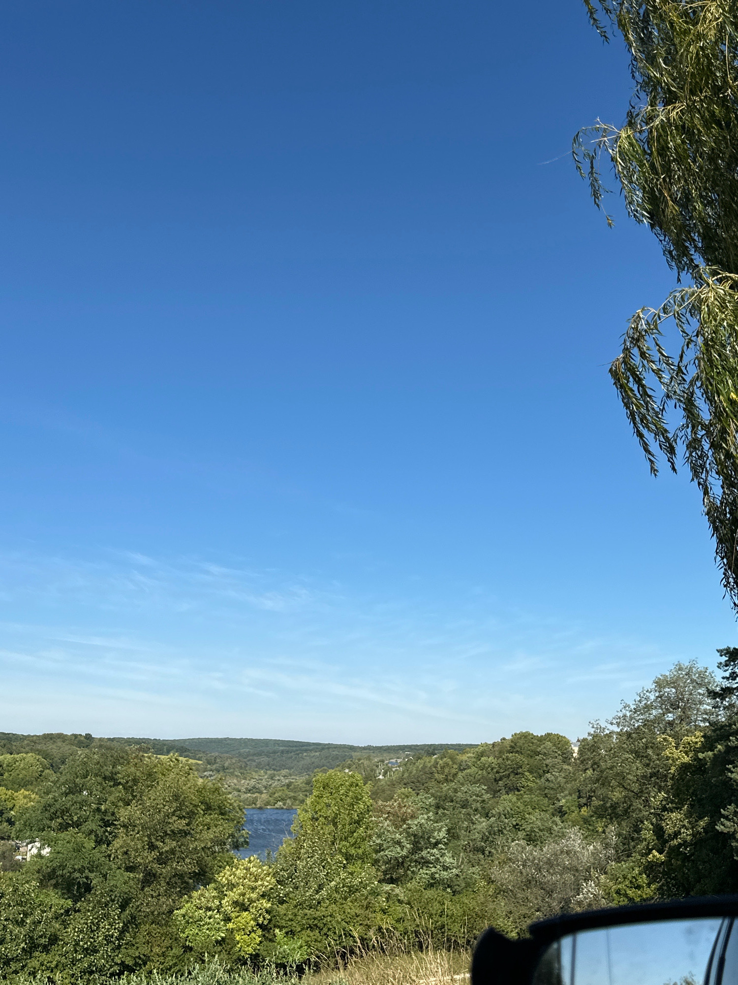 The image shows a landscape view from a high vantage point looking towards a body of water, possibly a lake or river, surrounded by dense green foliage. The sky is a clear, bright blue with a few wispy clouds. On the right side of the frame, the branches of a weeping willow tree hang down, framing the scene. In the distance, rolling hills covered in trees extend to the horizon. The reflection of the sky and surrounding trees can be seen in a car's side mirror in the bottom right corner of the image. This scene is located in the vicinity of Makiv, Ukraine.