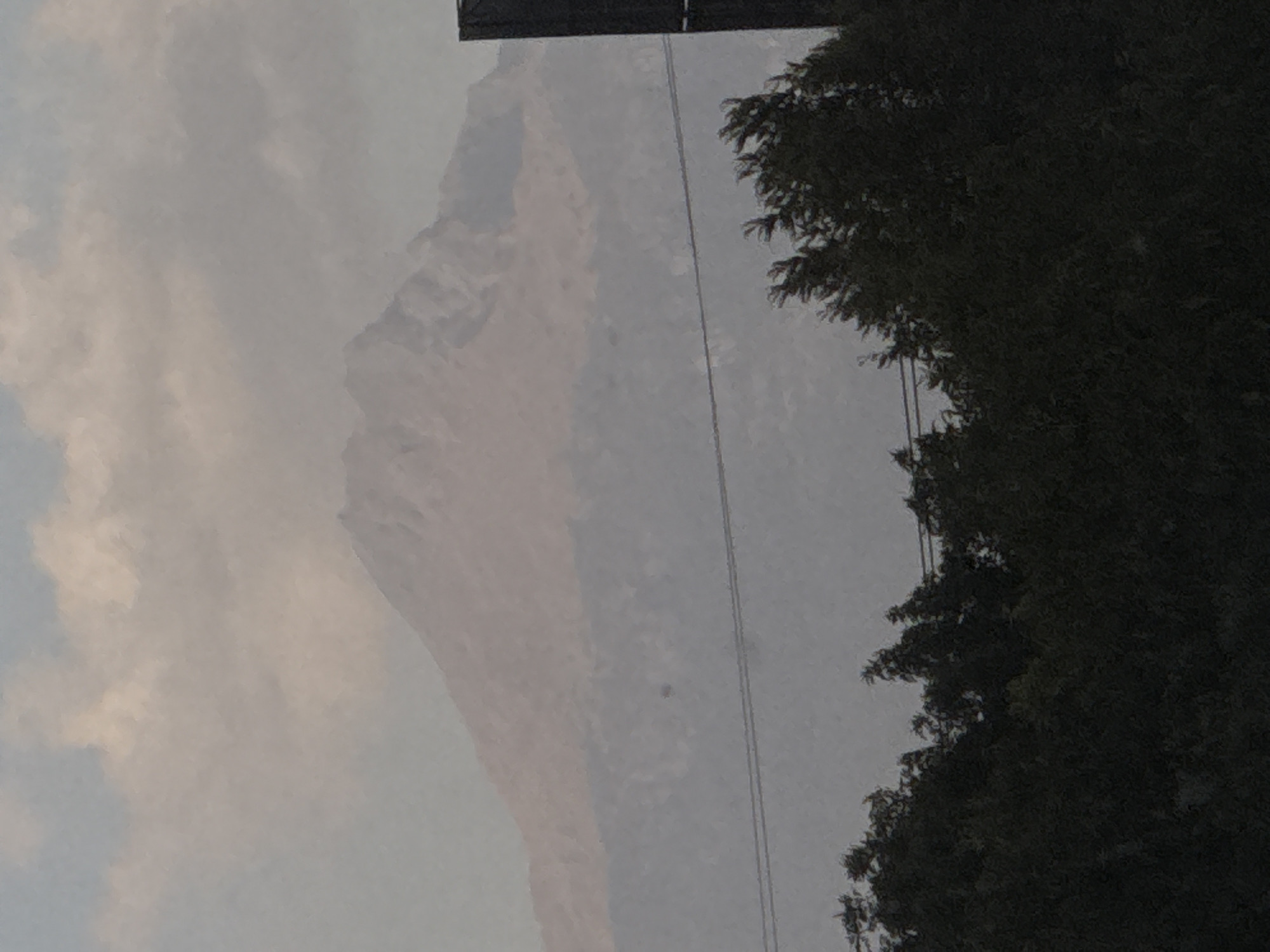 This image depicts the Popocatépetl volcano as viewed from San Andrés Cholula, Mexico. The volcano's jagged peak and upper slopes occupy the upper two-thirds of the frame, rendered in muted reddish-brown and grey hues, partially obscured by atmospheric haze. Below the main peak, a lower tier of dark grey hills is visible. The sky above is overcast with diffused white and grey clouds. Two parallel, dark horizontal wires, consistent with utility lines, span the mid-ground, positioned above dense, dark green foliage that fills the lower third of the image. This foliage appears wind-affected in areas. A dark, vertical rectangular object, possibly a pole or structural support, rises along the far right edge from the foreground. No persons or explicit human activity are present.