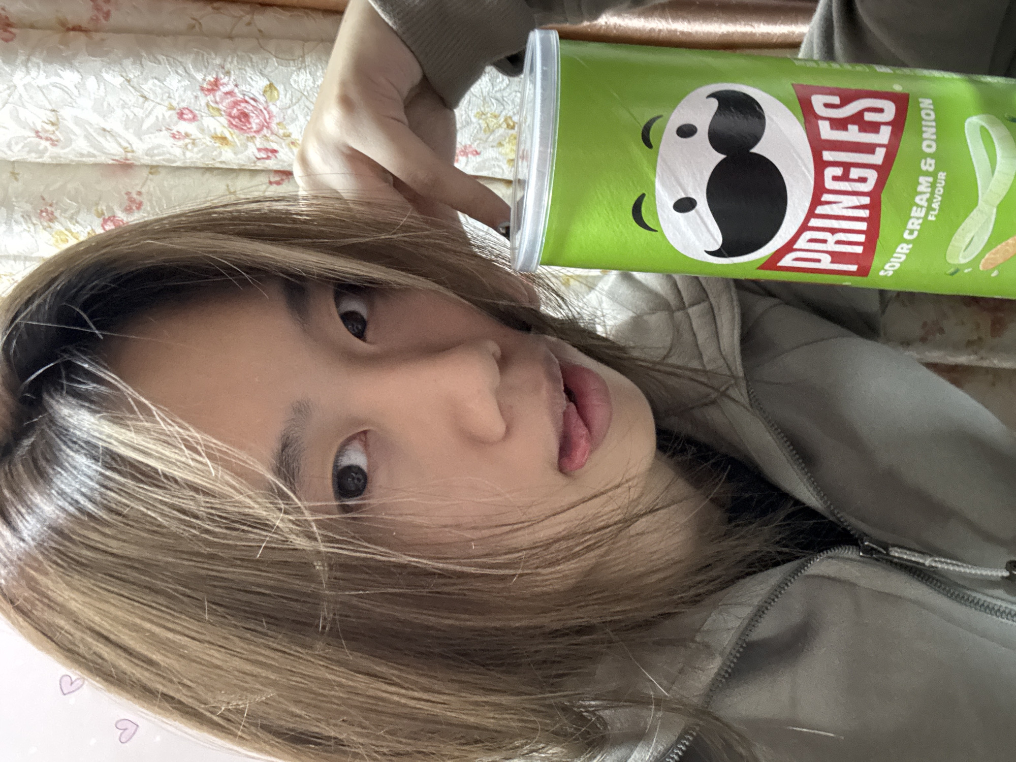 A person is holding a green Pringles Sour Cream & Onion flavored chip container. The person has fair skin, light brown hair, and brown eyes. The person is wearing a gray zippered jacket. The background shows a floral-patterned bedspread. The location cannot be determined from the image.