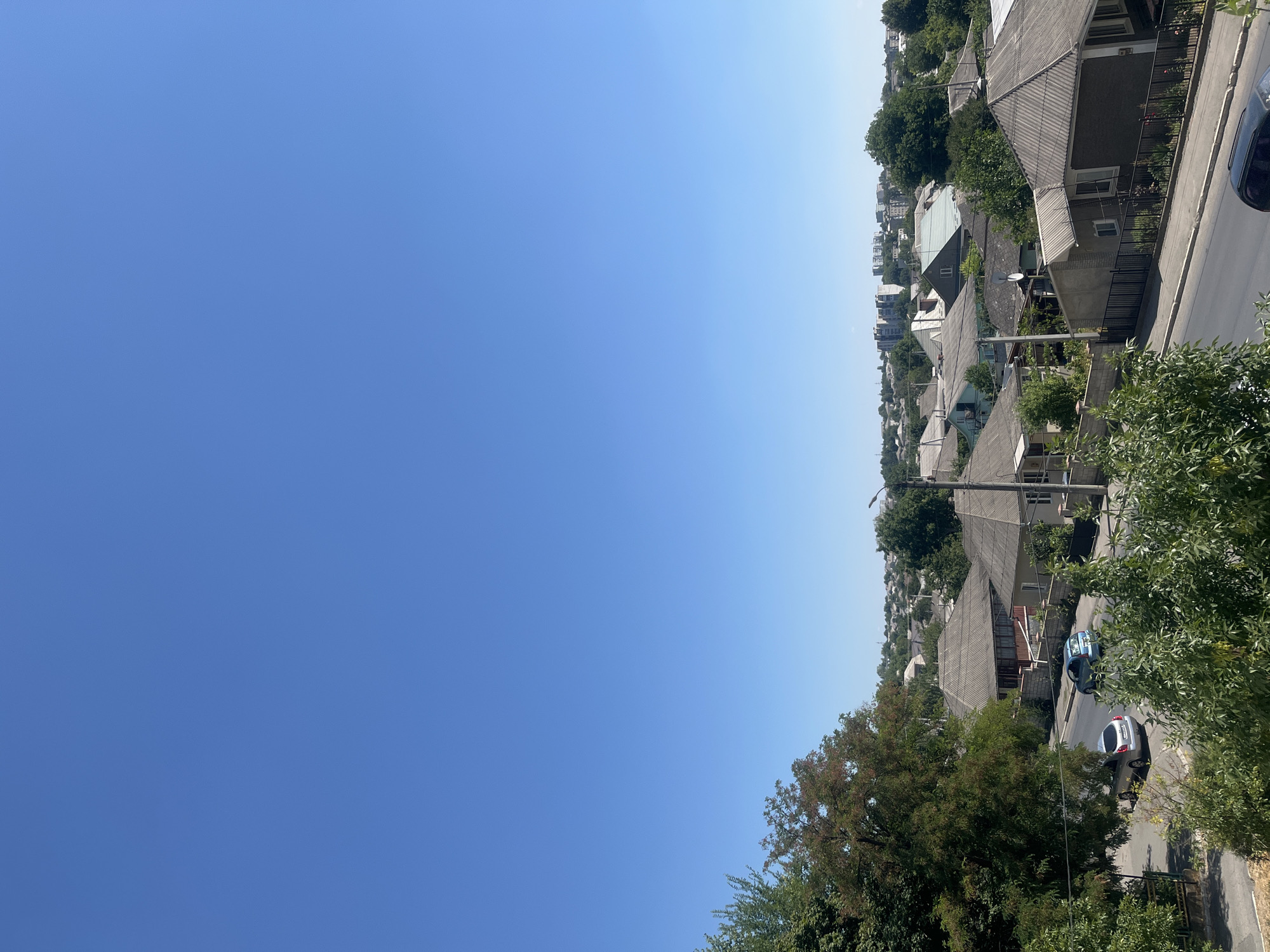 A high-angle, daytime shot shows a clear blue sky over a residential area in Rybnitsa, Moldova. Below the sky, a dense cluster of single-story and multi-story houses with grey, tiled roofs dominates the middle ground. Some houses have visible windows and chimneys, and a few satellite dishes are mounted on rooftops. Several mature trees with lush green foliage are scattered throughout the neighborhood, some partially obscuring the houses. A paved road runs through the foreground, with two cars visible: a silver hatchback parked on the left side of the road and a blue hatchback driving away on the right. The scene depicts a typical urban or suburban landscape under bright sunlight.