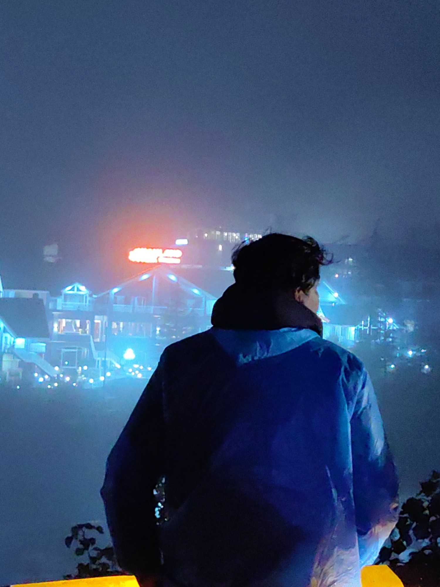 The image shows a person from behind, wearing a blue jacket and looking out at a city skyline at night. The city is illuminated with various lights, including a prominent orange sign with text. The sky is dark and hazy, suggesting fog or mist. Buildings and structures are visible, along with numerous small lights, likely streetlights or decorative lights. The scene appears to be a view from a higher vantage point, overlooking the city. Based on the context provided, the city is identified as Kulang, India.