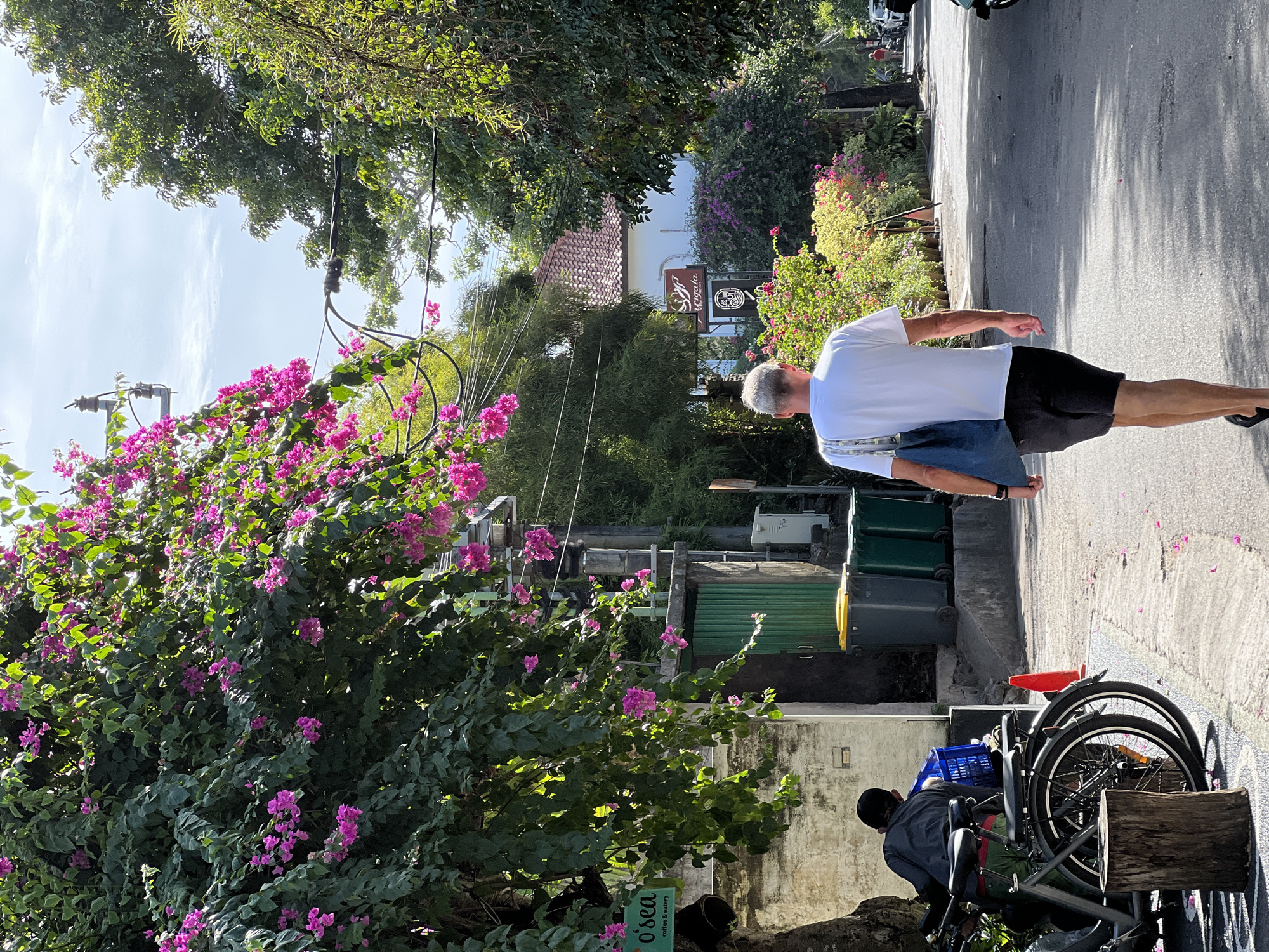 The image depicts a man walking down a street in Denpasar, Indonesia, lined with lush green trees and vibrant pink bougainvillea flowers. He is wearing a white t-shirt, black shorts, and flip-flops, and carries a blue tote bag over his shoulder. In the foreground, two bicycles are parked next to a tree stump. Further down the street, a person is seen tending to the bicycles. Several trash bins are visible near a building with a green door. The scene is bathed in sunlight, casting shadows on the asphalt road.