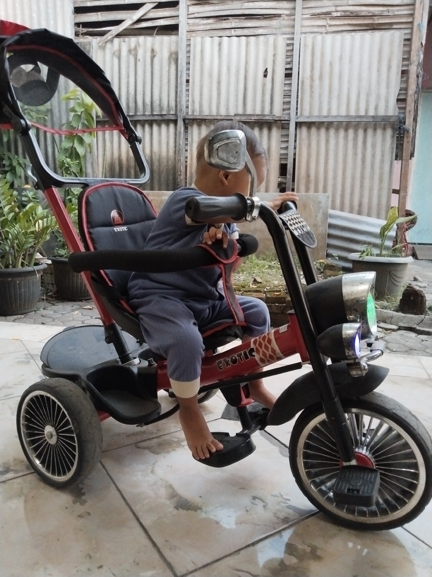 A young child is seated on a red tricycle with a black canopy and seat. The child is wearing a blue outfit and has a large pair of silver goggles on their head. The tricycle has a handlebar with black grips, a headlight, and a decorative checkered pattern on the front. The child's feet are visible resting on the pedals.
The tricycle is parked on a tiled outdoor surface. In the background, there is a corrugated metal fence and some potted plants, one with large green leaves and another with a single stem and a leaf. The overall setting appears to be a yard or outdoor area, possibly in a residential area. The lighting suggests it could be daytime, with natural light illuminating the scene.
Visible text on the tricycle includes "EXOTIC" printed on the seat and the side of the frame. The overall mood conveyed is one of playfulness, with the child appearing ready to ride. The context provided places the image in Kecamatan Pati, Indonesia.