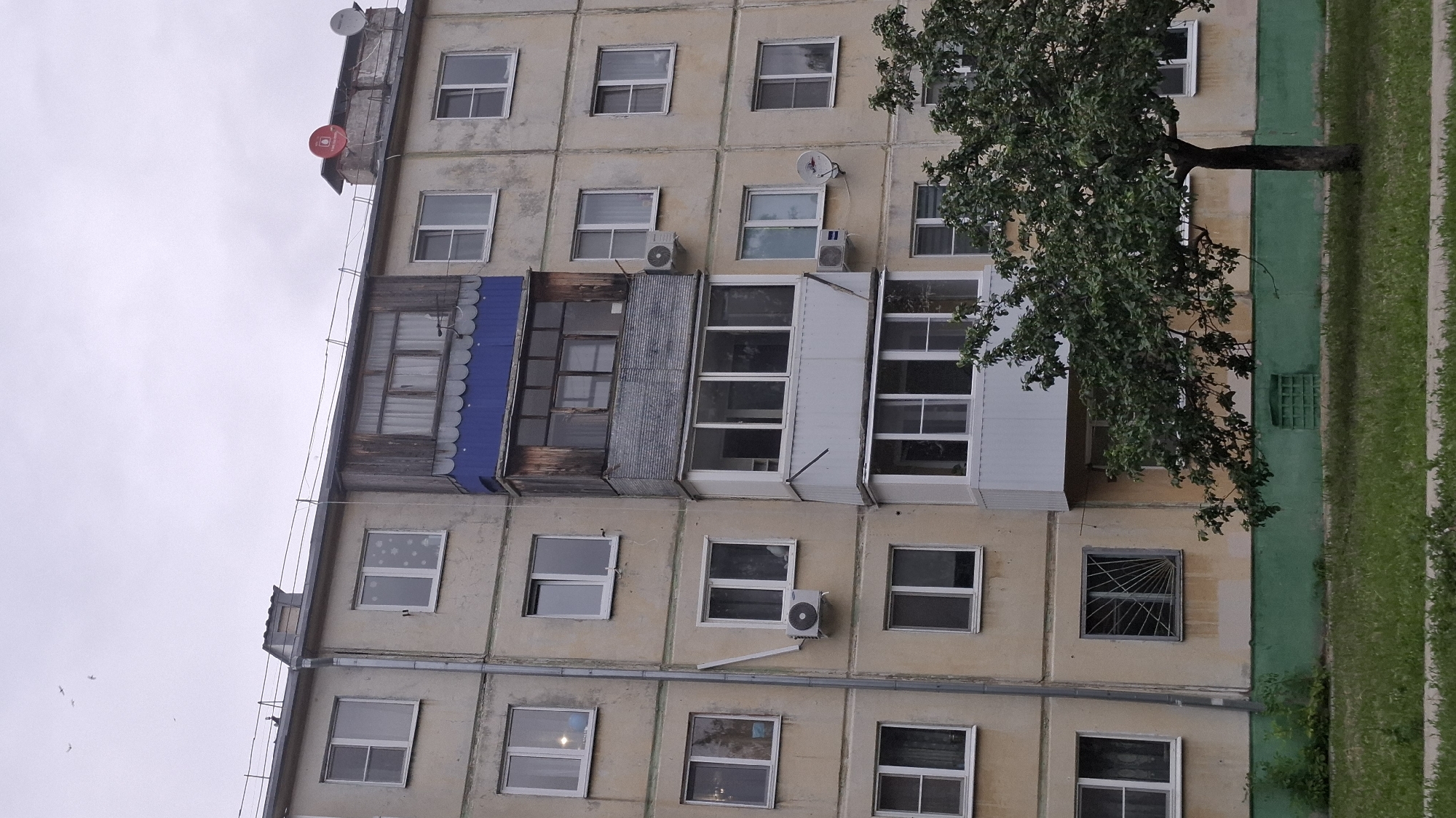 This image depicts the facade of a multi-story residential building in Novaya Vasil'evka, Russia, under an overcast sky. The building, likely constructed from concrete panels or stucco, exhibits a weathered appearance with faded yellow-beige paint and visible stains. A prominent vertical drainage pipe runs down the left side of the building.

A central column of stacked, enclosed balconies and loggias characterizes the middle section. The topmost balcony features dark wooden siding and dark-framed windows with visible curtains. Below it, another enclosed section has a dark blue corrugated metal facade with a decorative scalloped edge, underneath which is a section of gray corrugated metal sheeting below its windows. Below these, two lower loggias are fully enclosed with modern white-framed glass panels and solid white lower sections.

The building is punctuated by numerous rectangular windows, predominantly modern white PVC frames. On the second floor from the top, a window to the left of the central balcony displays white snowflake decorations. On the third floor, another window to the left shows a blue spherical object, possibly a balloon, inside. A ground-floor window on the left features a decorative metal security grate.

Multiple external air conditioning units are affixed to the facade: one on the third floor to the left of the central balcony stack, and two on the fourth floor to the right of the central stack, one above the other. A white satellite dish is mounted on the fourth floor to the right. On the roof, a red satellite dish and a smaller white satellite dish are visible, alongside exposed wires or cables running along the parapet. Several small, dark bird-like shapes are discernible in the sky above the building.

The lower portion of the building's facade is painted green, above a strip of light green or unpainted concrete. The foreground consists of green grass with a visible paved edge or curb. A deciduous tree with dense green foliage stands in the right foreground, partially obscuring the lower-right section of the building. A small, rectangular grated vent is visible near the base of the building, below the tree. No people are visible in the scene.