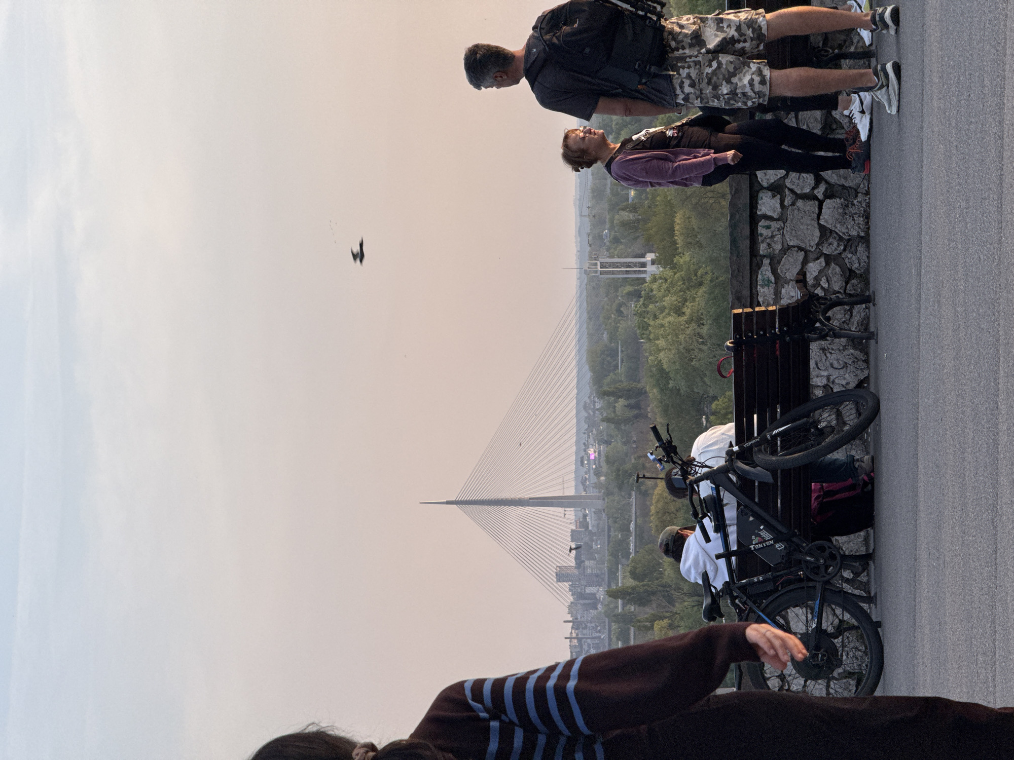 The image depicts a cityscape, likely in Belgrade, Serbia, featuring the Ada Bridge prominently in the background. The sky is pale, possibly due to smog or the time of day. In the foreground, there are several people; a couple stands at the edge of a viewing area, looking out at the bridge. Below them, another individual is seated on a bench. Next to the bench is a black bicycle. The foreground also includes a partial view of a person wearing a brown sweater with blue stripes. The viewing area appears to be constructed from stone. In the sky, a small bird is visible. A modern tower structure can be seen to the right of the Ada Bridge. The overall scene suggests a public viewing area with people enjoying the view of the bridge and the cityscape.