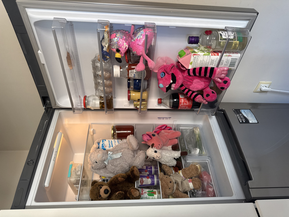The scene depicts the interior of an open, silver-colored refrigerator within a domestic residence in Varna, Bulgaria. The refrigerator is fully illuminated internally, revealing multiple shelves and door compartments primarily stocked with a mixture of plush toys and food items.
In the main refrigerator compartment, from top to bottom: The uppermost shelf contains a white plastic container with a light blue lid. The middle shelf holds a brown plush teddy bear on the left, a light grey plush bunny with a blue ribbon in the center next to a white carton of "Прясно мляко" (Fresh milk) 1.5%, and a red-lidded glass jar. The lower shelf features two white cups of "Верея" yogurt, another red-lidded glass jar, a brown plush teddy bear wearing a striped shirt and beige shorts, a white plush llama, and a pink plush unicorn or pony. Below these, two transparent crisper drawers are visible, with green vegetables (possibly spring onions) present in the right drawer.
On the refrigerator door, from top to bottom: The top compartment shelf contains a red-lidded glass jar (likely pickles or olives), a carton of eggs, and a plastic bag with unidentified contents. The middle compartment shelf holds several small condiment jars and bottles, some small gold-colored objects, and a pink sequined flamingo plush toy. The bottom compartment shelf displays a 1.5-liter Coca-Cola bottle, a large pink plush monster-like figure with black stripes, a pink carton (likely juice), and a clear glass bottle with a purple cap (possibly gin or spirits).
The immediate environment surrounding the refrigerator includes a light-colored wall, with a white electrical outlet and plug visible on the wall to the lower right of the appliance.