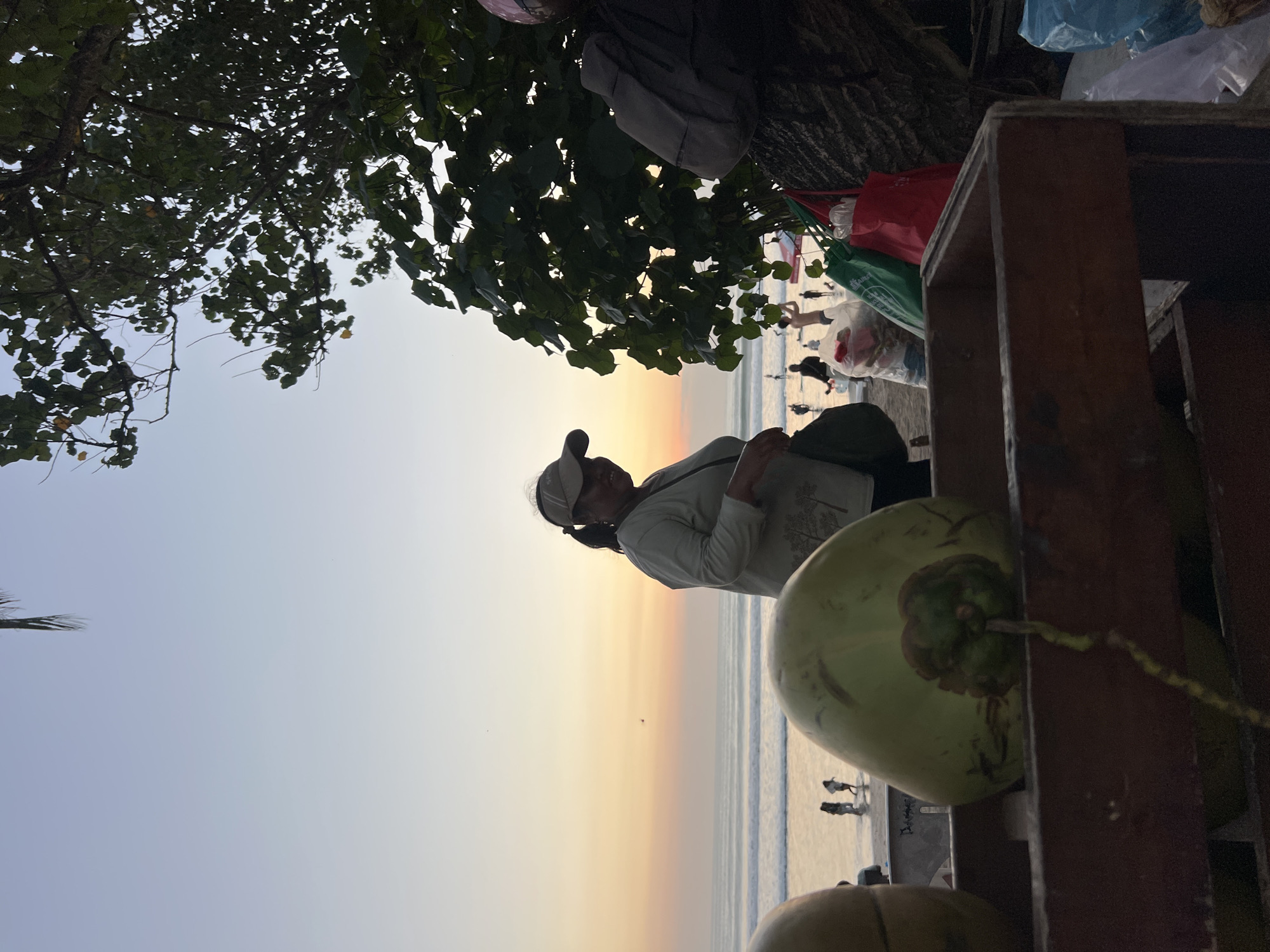 A low-angle, outdoor, medium shot captures a vendor selling coconuts on a beach in Kuta, Indonesia, during sunset. The sky displays soft gradients of orange, yellow, and pale blue as the sun dips below the horizon. The ocean meets the sandy shore, with several indistinct figures visible in the water and on the beach.
In the foreground, a wooden crate holds two large, green coconuts. The one on the right is closer to the camera, showcasing its fibrous stem. To the right of the crate, a large tree trunk is visible, partially obscured by dense foliage. Several colorful shopping bags, including red and green ones, are tied to the tree or placed nearby, containing more coconuts and other items.
A woman, wearing a cap and a light-colored long-sleeved shirt with a tree motif, stands to the left of the frame, facing slightly away from the camera and smiling. She carries a dark bag on her shoulder. Further back, a person wearing a pink helmet is partially visible to the right. The overall scene depicts a typical sunset beach vendor scenario.