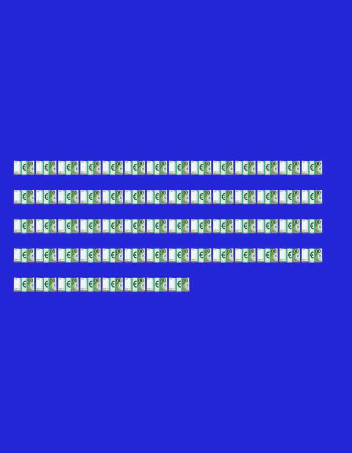 The image depicts a collection of euro banknotes arranged in three horizontal rows against a solid blue background. The banknotes are all identical and appear to be 100 euro notes, featuring the euro symbol and the number "100" prominently. The rows are staggered, with the top row containing the most banknotes, followed by the middle row, and the bottom row having the fewest. The banknotes are uniformly spaced within each row. There are no people, animals, or any discernible urban or natural environmental elements present in the image. The image is a graphic illustration and does not depict any specific location within the city of Delmenhorst, Germany, or any other geographical area.