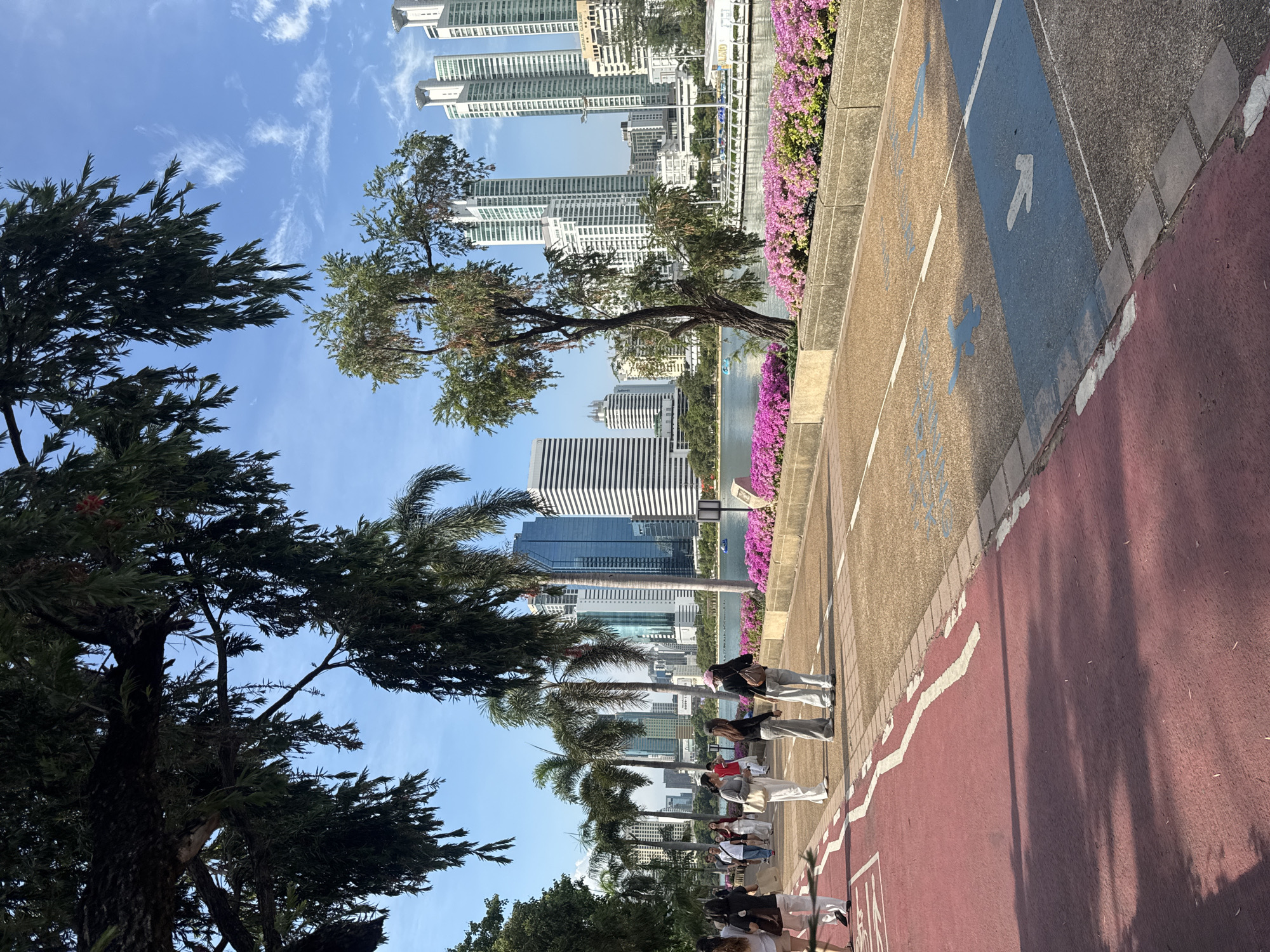 A pedestrian walkway with distinct red and blue lanes is lined with tropical trees and a row of blooming bougainvillea plants in Bangkok, Thailand. In the distance, modern skyscrapers dominate the skyline. A group of people dressed in casual clothing walk along the walkway. The sky is blue with scattered clouds, indicating a clear day.