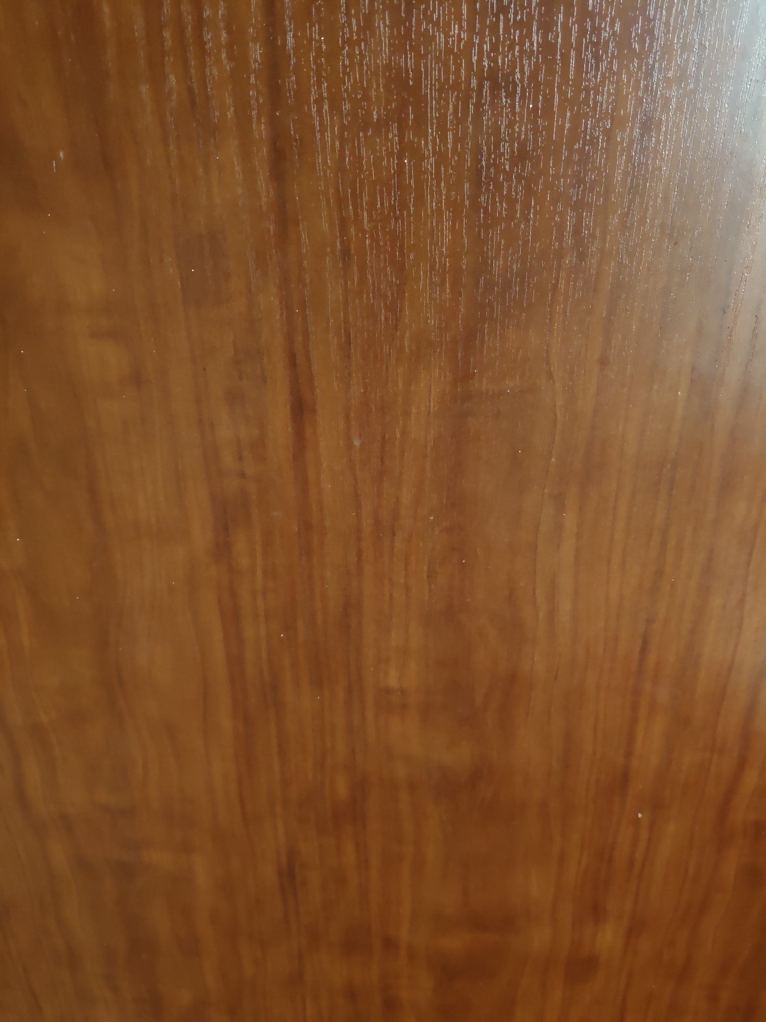 The image is a close-up, full-frame shot of a polished wooden surface, likely a door or furniture. The wood grain is visible, with a warm, reddish-brown hue and a glossy finish that reflects light, creating vertical streaks and highlights. There are a few faint specks of dust or debris on the surface. The image provides no contextual information about its location in the city of Platoshino, Russia, or any specific objects, people, actions, or interactions. It is a purely textural image of wood.