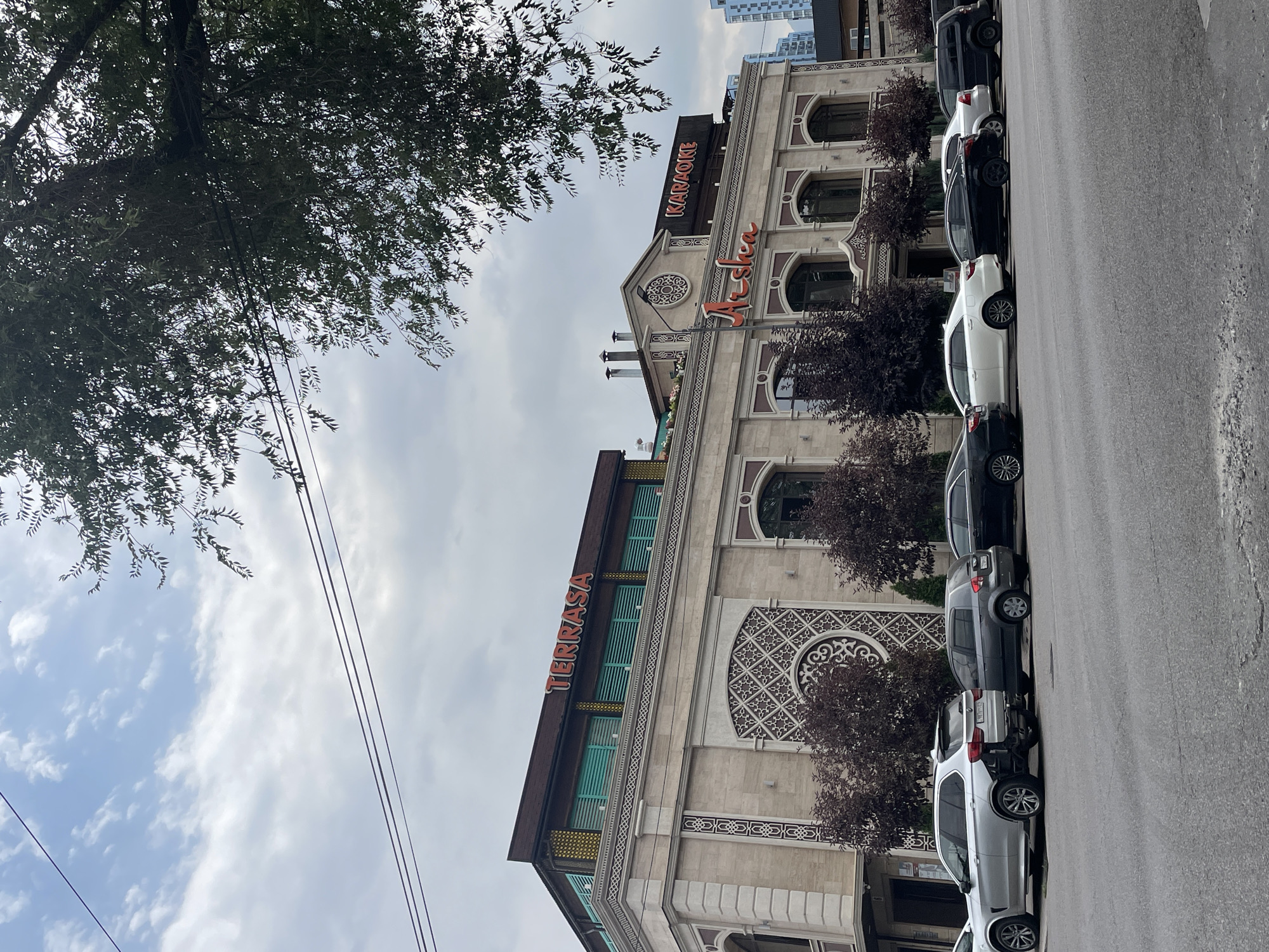 The image shows a street scene in Almaty, Kazakhstan, featuring a prominent building with the signage "TERRASA" and "Karaoke." The building appears to be a restaurant or entertainment venue with a modern yet ornate facade. Several cars are parked along the street in front of the building. The sky is overcast, and trees are visible, with branches of a large tree partially obscuring the top of the image. The overall impression is that of a commercial street in an urban setting.