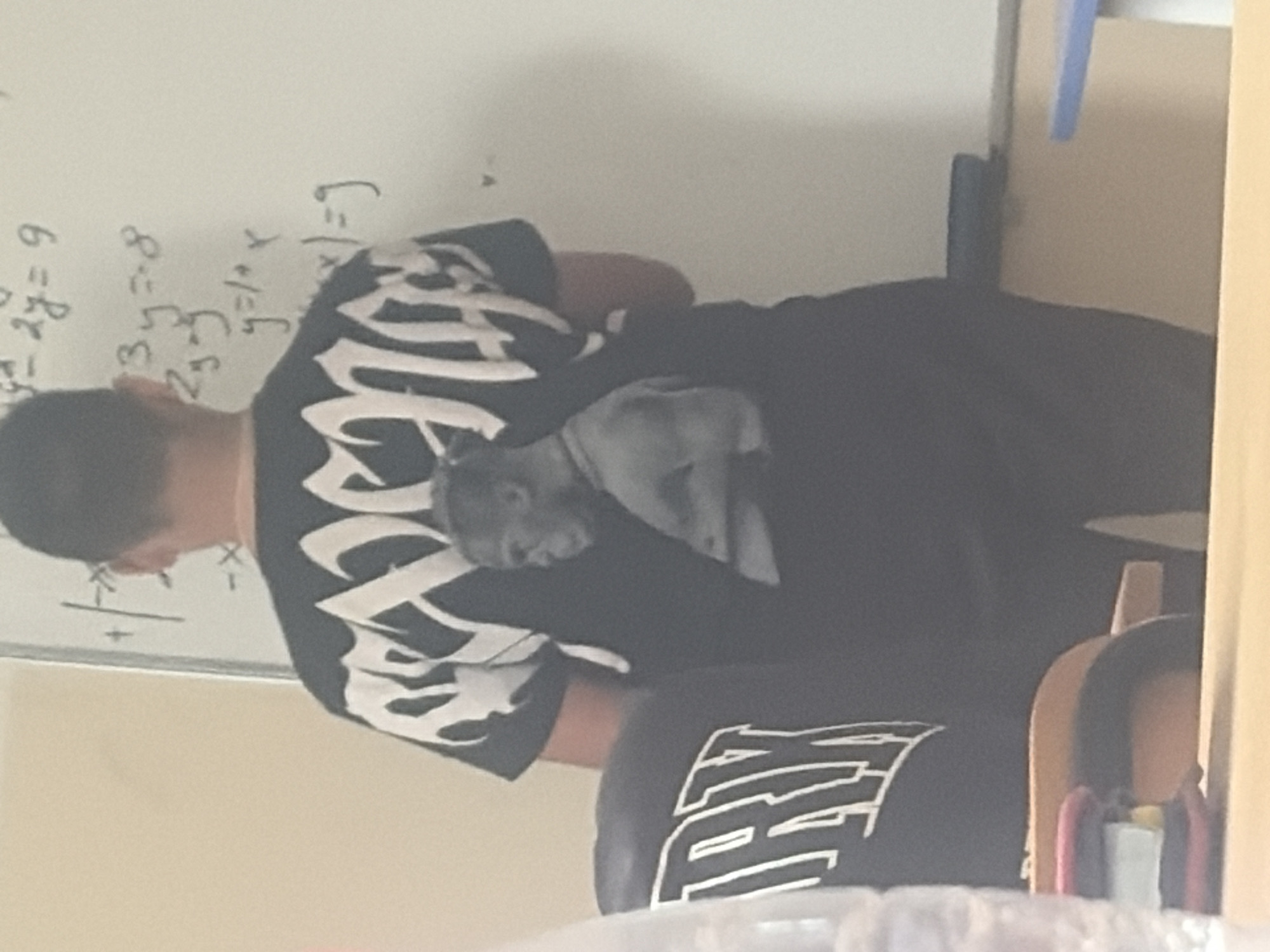 The image shows a person standing in front of a whiteboard covered in handwritten mathematical equations. The person is wearing a black t-shirt with a white graphic design on the back and a portrait of a man. To the left of the person is a black boxing glove with white lettering. The scene appears to be indoors, possibly in a classroom or office setting. There is no visible indication of the specific location within the city of Sofia, Bulgaria.