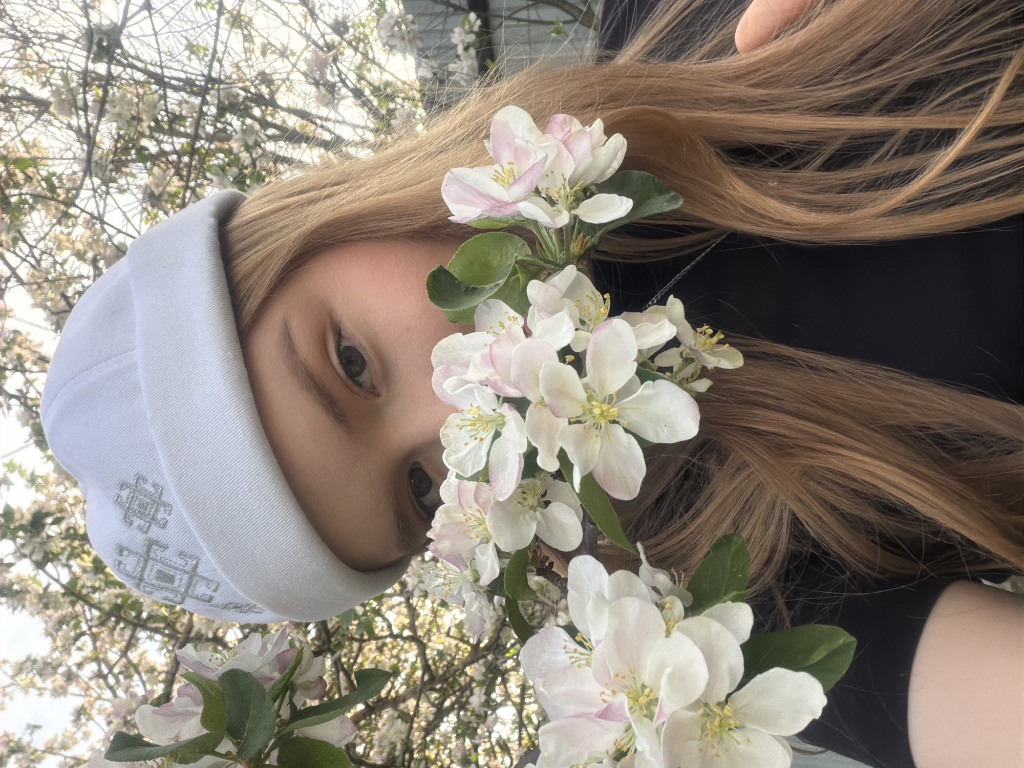 A young woman is depicted in a close-up shot against an outdoor setting featuring blossoming branches. The photo is rotated counter-clockwise. She wears a light-colored beanie with an embroidered design on its side. Her long, light brown hair flows down her right side, with some strands obscuring part of her face. She is partially hidden by a cluster of white and pink blossoms with green leaves. Her face is partially visible, showing her eyes. A black garment is visible on her upper right side. In the background, there are more blossoms, implying she's in an area filled with flowering trees or shrubs. Given that the request specified a location in the city of Кадряково, Russia, it's possible that the photo was taken in a garden, park, or orchard in that city during a time when trees are in bloom.