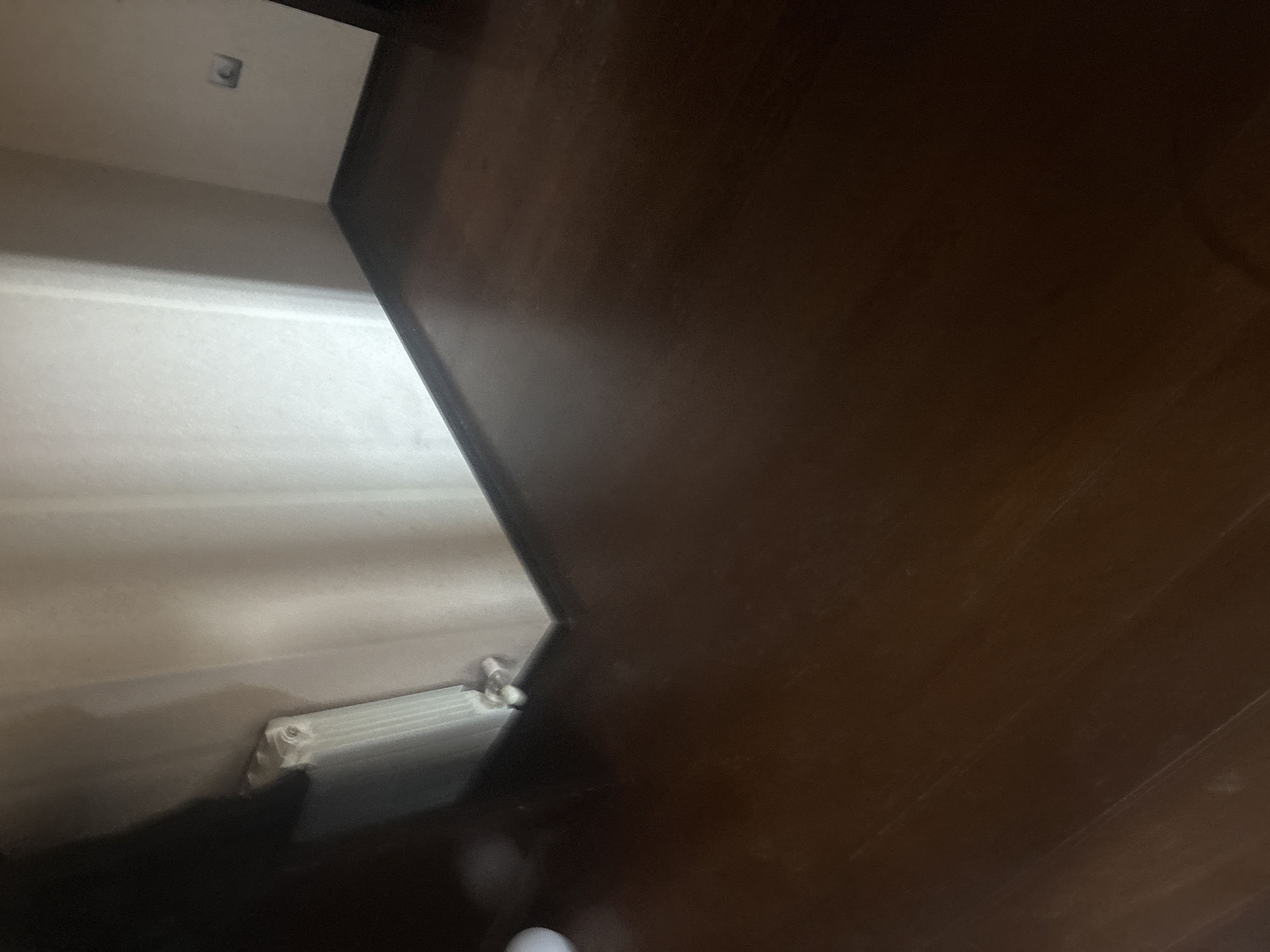 The image shows a corner of an interior space, likely a room in an apartment or house. The flooring is a dark, polished wood. The walls are painted a light, neutral color and appear to have some texture. In the corner, there is a white radiator. A shadow is cast on the wall from an unseen object or person to the left of the frame. To the right, on the wall, a light switch or electrical outlet is visible. The lighting in the room is dim, with light coming from the right side, illuminating the wall and floor. There are no people visible in the image. The location is specified as Orekhovka, Russia.