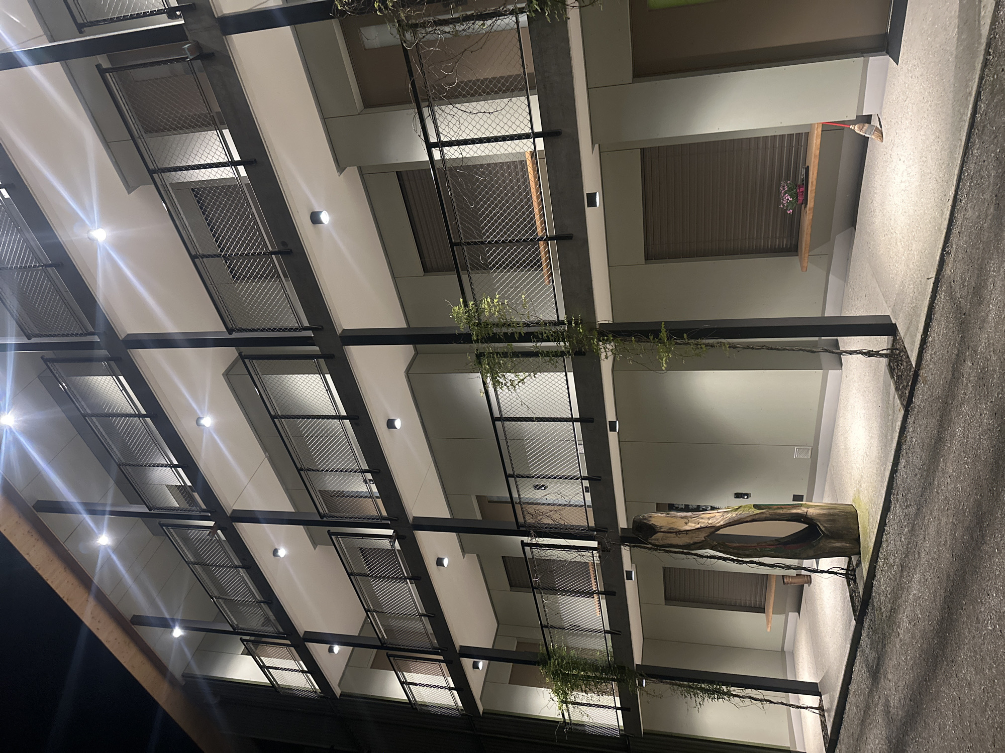 This image depicts a multi-story building facade, possibly located in Fehraltorf, Switzerland. The structure features balconies enclosed with dark metal mesh railings. Each floor is illuminated by recessed lighting, creating a pattern of bright spots against the beige building exterior. Some balconies have vegetation draping down. A unique wooden sculpture rests on the ground floor beside a concrete sidewalk. In the background, one can see window blinds and a broom. The photograph is taken at night, with darker shadows contrasting the illuminated sections of the building. The building’s architecture showcases a modern design with clean lines and a focus on open space.