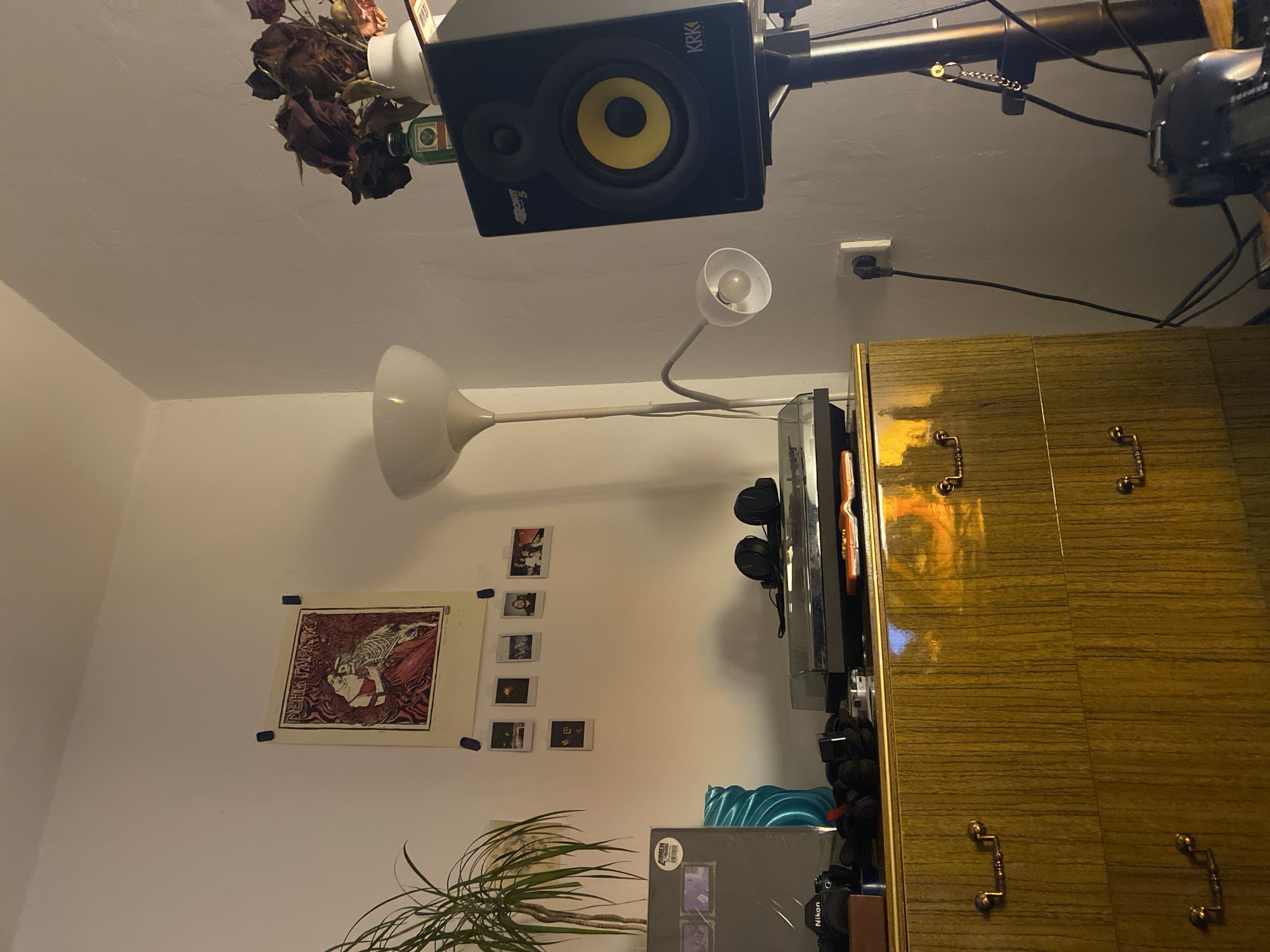 The image shows a room interior in Rusanovo, Russia. A KRK Rokit speaker is mounted near the ceiling alongside a Jägermeister bottle and dried flowers. Below, a modern floor lamp with a white shade illuminates a wall. A framed print is attached to the wall with blue tape, accompanied by a series of small photographs. A plant sits in the lower left corner. Adjacent to the wall, a cabinet stands with golden-toned wood. Various objects are situated near the cabinet, including headphones, a camera, and a record album. An electrical outlet is visible near the cabinet on the ceiling.