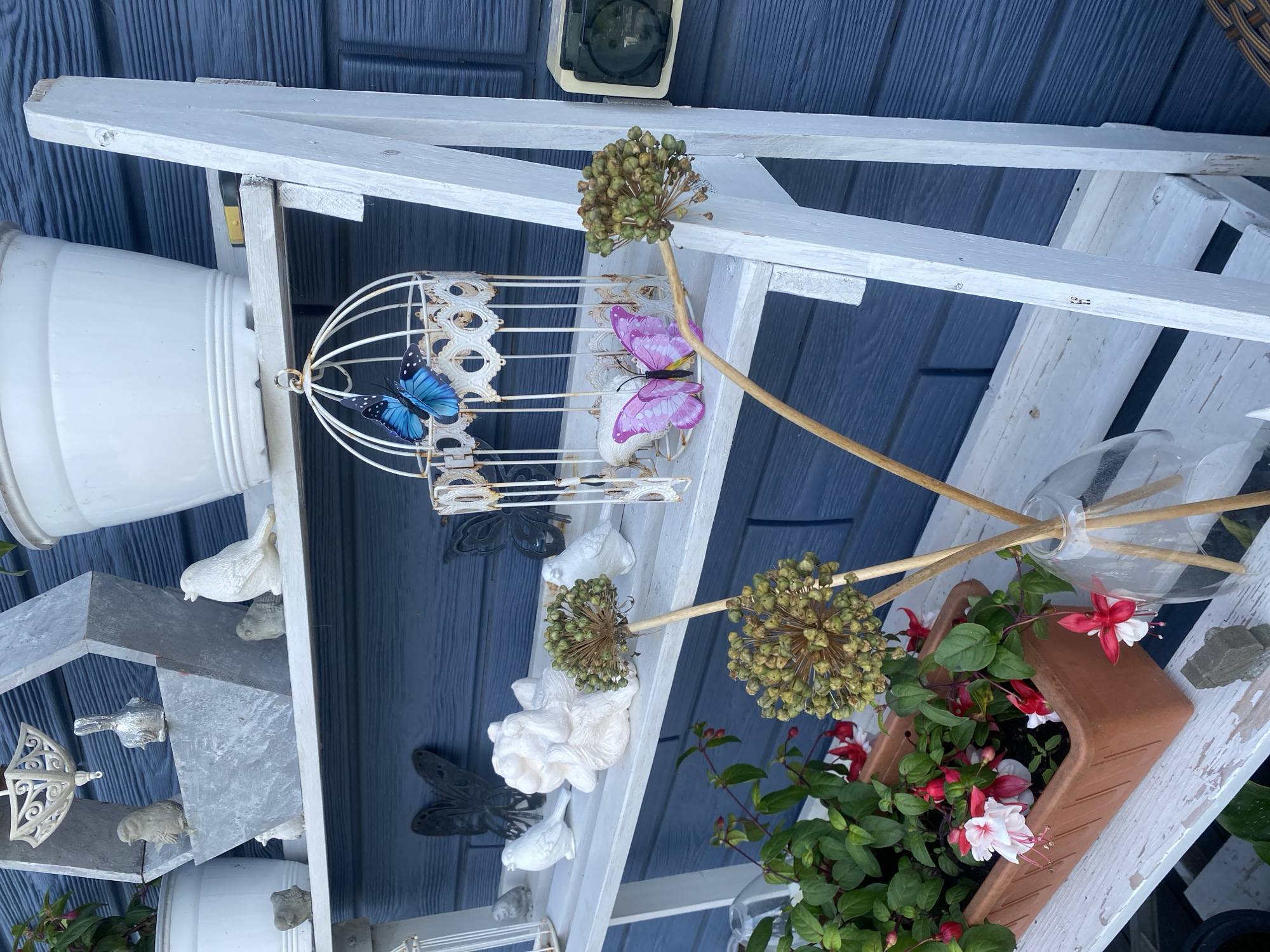 The image depicts a white, tiered shelving unit against a dark blue, horizontally-paneled wall, likely an exterior surface of a building. The shelving unit is adorned with various decorative items and plants.
On the top shelf, partially visible, is a white pot. To its left, a hexagonal grey decorative structure holds several small grey bird figurines and a white bird figurine. A white hanging decorative piece with ornate scrollwork is suspended above this structure.
The second shelf down features a white decorative birdcage with two artificial blue butterflies attached to the top. Below the birdcage, a white decorative element, possibly a ceramic figurine, is placed. To the left of the birdcage, a black butterfly cutout is mounted on the wall. To the right of the birdcage, a pink butterfly decoration is attached to the cage.
The third shelf contains several white bird figurines, a white figurine of a seated dog or cat, and two black butterfly cutouts mounted on the wall behind them. Two dried flower seed heads on long stems are positioned in front of these figurines, one extending upwards and to the right, the other extending diagonally upwards and to the left.
The bottom shelf holds a brown rectangular planter filled with fuchsia plants exhibiting red and white flowers. To the right of the planter, a clear glass vase contains several wooden reeds. A small grey rectangular object, possibly a decorative stone, rests on the shelf near the planter.
The overall scene suggests an outdoor decorative arrangement, likely a garden or patio setting. The location is identified as Tret’ya Pad’, Russia.