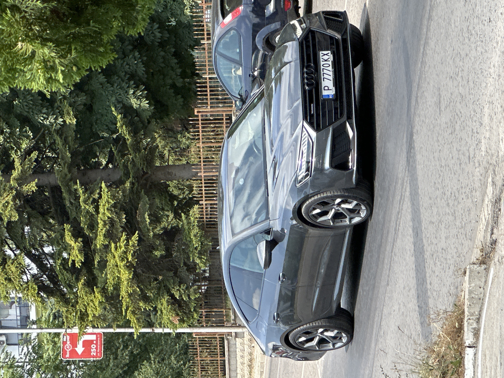 The image shows a dark gray Audi RS5 parked on a street in Veliko Tarnovo, Bulgaria. The car is the primary subject, and its front grille, headlights, and license plate are clearly visible. The license plate reads "P 7770 KX". The car is parked next to a fence and surrounded by greenery, including trees and bushes. A smaller, darker car is parked behind the Audi. In the lower left corner, a red traffic sign is visible, indicating a turn and a distance of 250 meters. The text on the sign is in Bulgarian and reads "ул. Н. Петров" which translates to "N. Petrov St.". The scene appears to be taking place during the daytime, with natural light illuminating the surroundings. The overall impression is a street scene in a residential or commercial area, with a focus on the luxury vehicle.