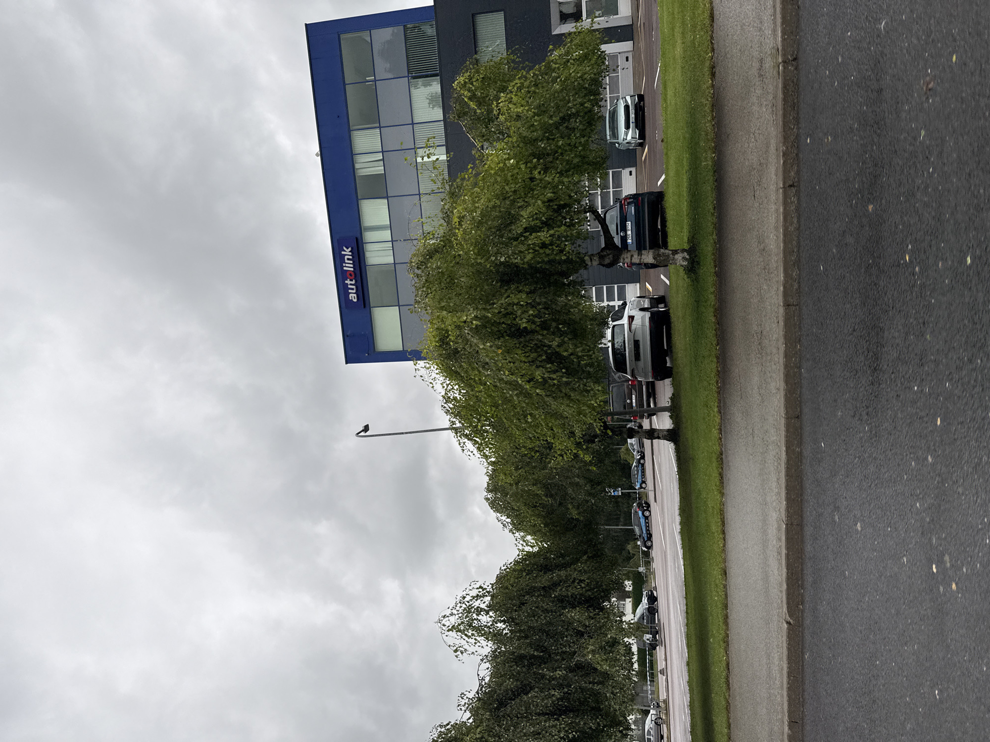 In Tallinn, Estonia, on a cloudy day, a blue and grey modern office building with the "autolink" logo is visible. The building has large windows reflecting the overcast sky. In front of the building, a parking lot is occupied by several cars, including a white SUV, a dark-colored sedan, and a light-colored sedan. Lush green trees with drooping branches are situated in front of the building and along the parking lot. A street with a curb and a paved road is in the foreground. A street lamp is also present.