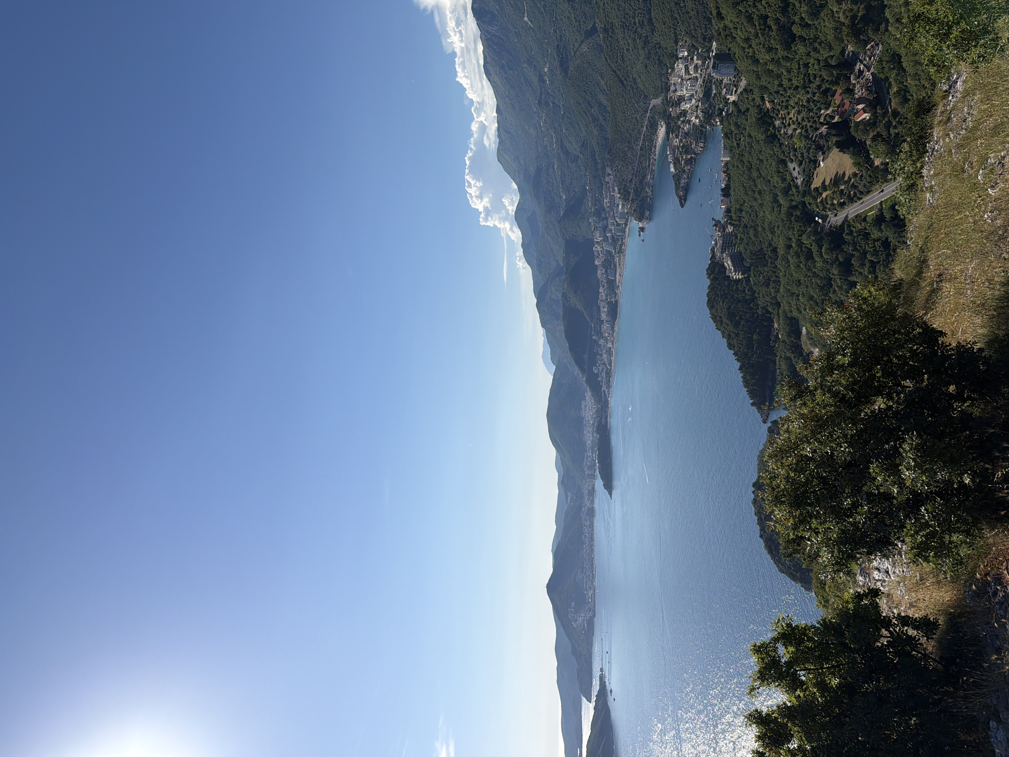 The image captures a panoramic view of the Adriatic coast in Sveti Stefan, Montenegro. The scene is dominated by a vast expanse of deep blue sea, shimmering under a bright, clear sky. The sun is positioned in the upper left corner, casting a bright glare on the water.
In the distance, a crescent-shaped coastline is visible, dotted with buildings that form a town or city. Hills covered in lush green vegetation rise steeply from the coast, creating a dramatic backdrop. Some of these hills are dotted with more buildings, suggesting development along the slopes. A road is visible winding its way through the greenery on the hillside, with a few vehicles.
In the foreground, the scene transitions to a more rugged terrain. Green foliage, likely trees and bushes, occupies the lower portion of the image, some of which are in sharp focus while others are slightly blurred. The ground appears rocky and covered with dry grass, indicating a natural, untamed landscape. The overall impression is one of a beautiful coastal landscape, likely a popular tourist destination given the visible urban development along the shore.