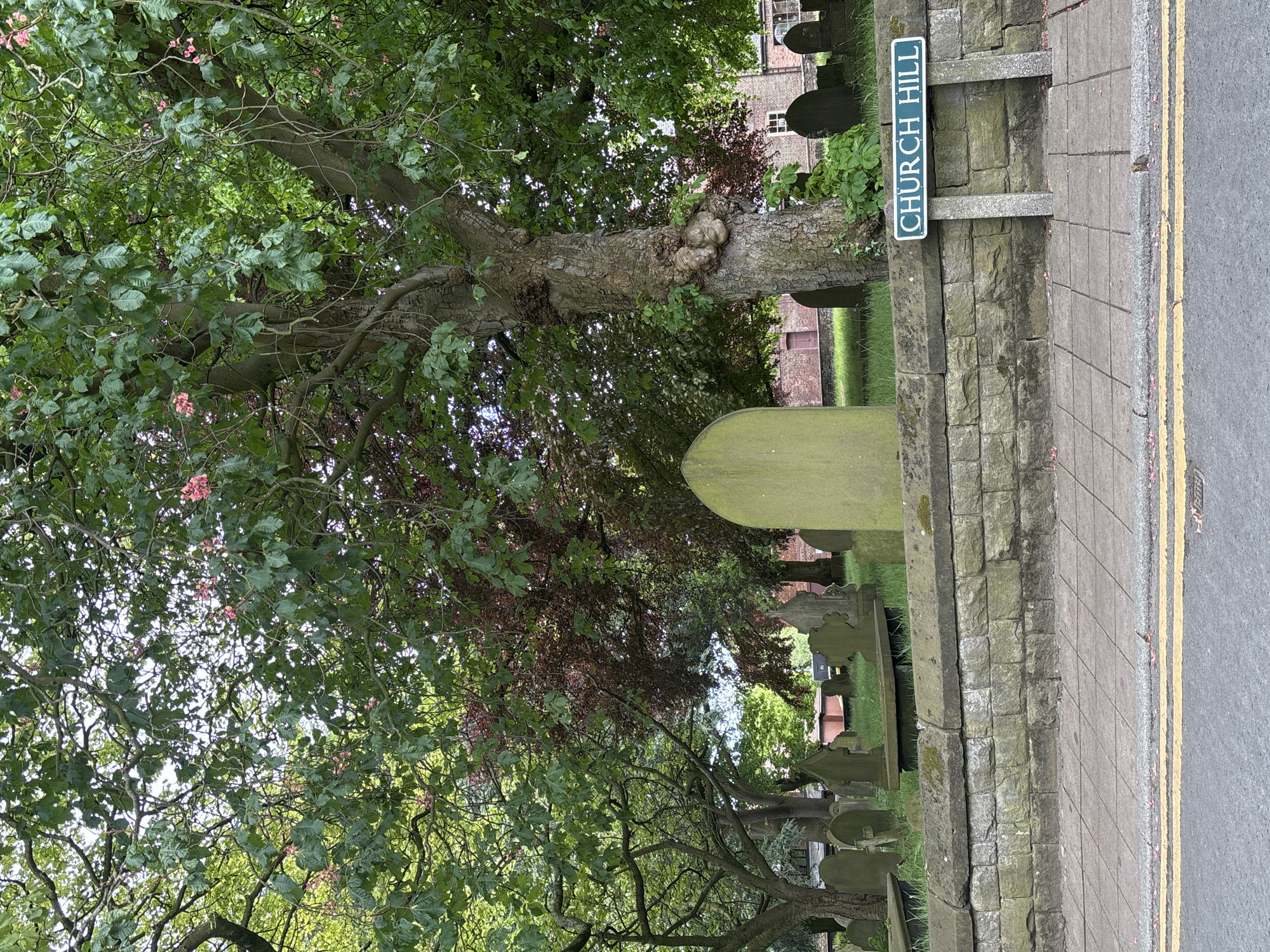 The image depicts Church Hill in Knutsford, United Kingdom, adjacent to a cemetery. A stone wall separates the cemetery from the sidewalk and road. A street sign reading "CHURCH HILL" is mounted on the wall. Trees, some with pink blossoms, overhang the cemetery and sidewalk. Tombstones of varying sizes and shapes are visible within the cemetery. The sidewalk is paved with gray blocks and the road has yellow lines marking the edge.