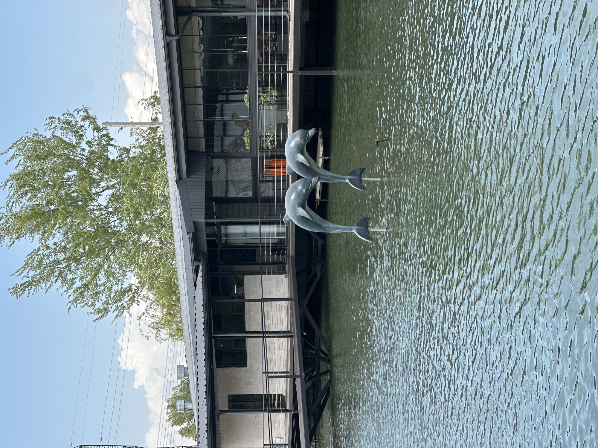 The image shows a building on a body of water. There are two dolphin sculptures in the water near the building. Trees and sky are visible in the background. The photo is taken in Rekha, Georgia.