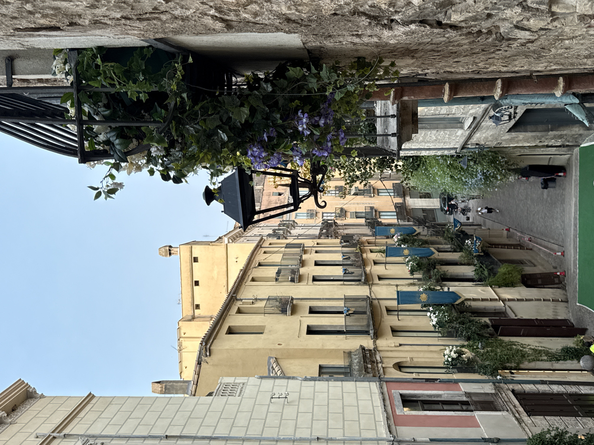 The image captures a narrow, cobblestone street in the historic Barri Vell district of Girona, Spain. The street is lined with tall, aged buildings painted in warm yellow and cream hues, adorned with wrought-iron balconies overflowing with lush green plants and colorful flowers. Blue banners featuring a golden sun motif hang from several of the balconies, indicating a festive occasion or local tradition. A vintage black streetlamp with intricate scrollwork is mounted on a stone wall, draped with climbing ivy and purple flowers. In the distance, a few pedestrians are visible walking along the street. The architecture, the narrowness of the street, and the decorative elements are characteristic of Girona's medieval urban layout. The sky is clear and pale blue, suggesting early morning or late afternoon light.