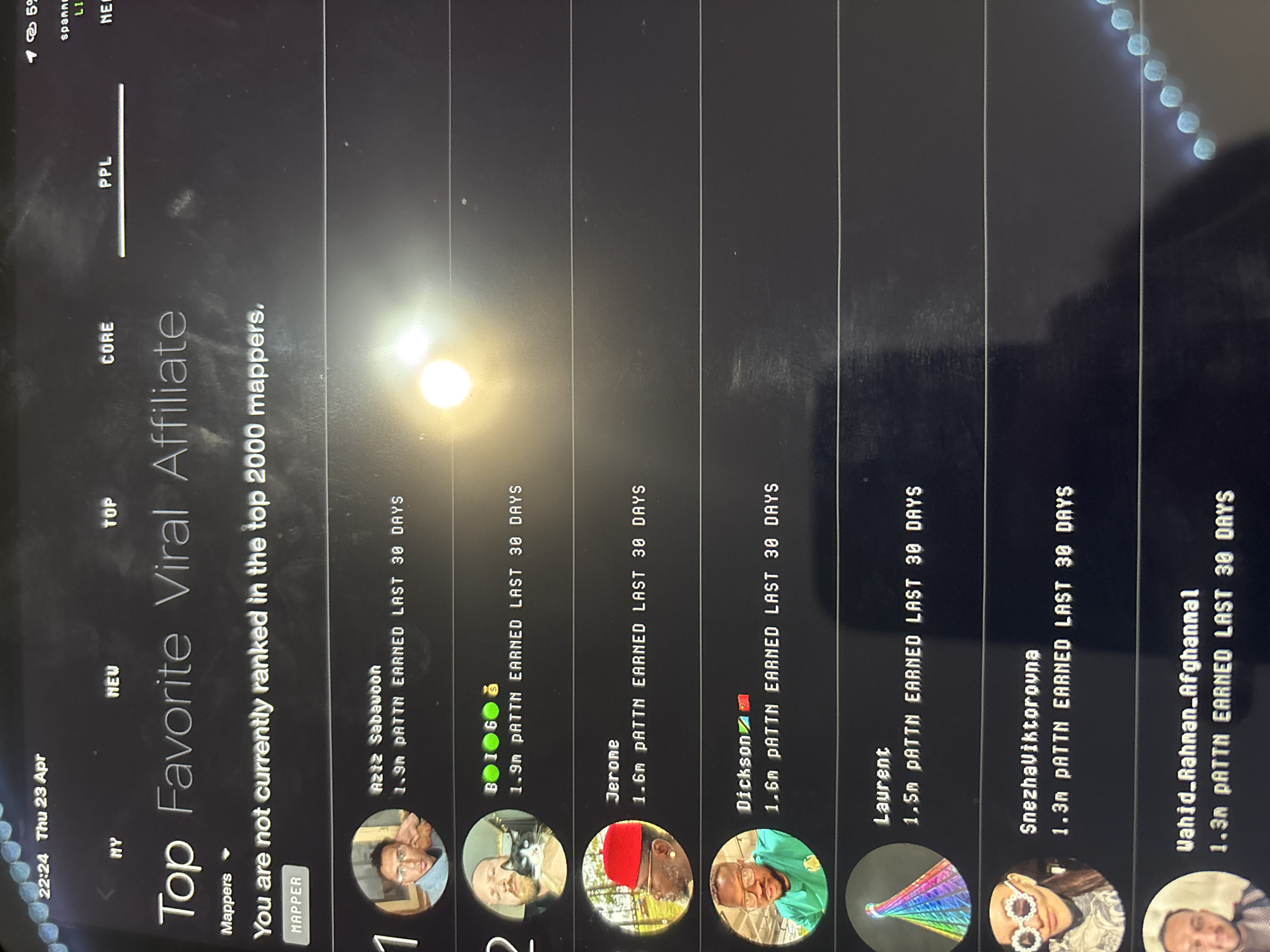 The image is a screenshot of a mobile device displaying an app with a leaderboard of "Top Favorite Viral Affiliate Mappers." The user is informed that they are not currently ranked in the top 2000 mappers. Below this message, a list of users is displayed, including their names, profile pictures, and the amount of "PATTN" they earned in the last 30 days. The top user is "Aziz Sabawoon," followed by "BIOG," then "Jerome," "Dickson," "Laurent," "SnezhaViktorovna," and "Wahid_Rahnan_Afghannal." The time is 22:24 on Thursday, April 23rd.
The city of Troyan, Bulgaria, is not relevant to the content of the image.