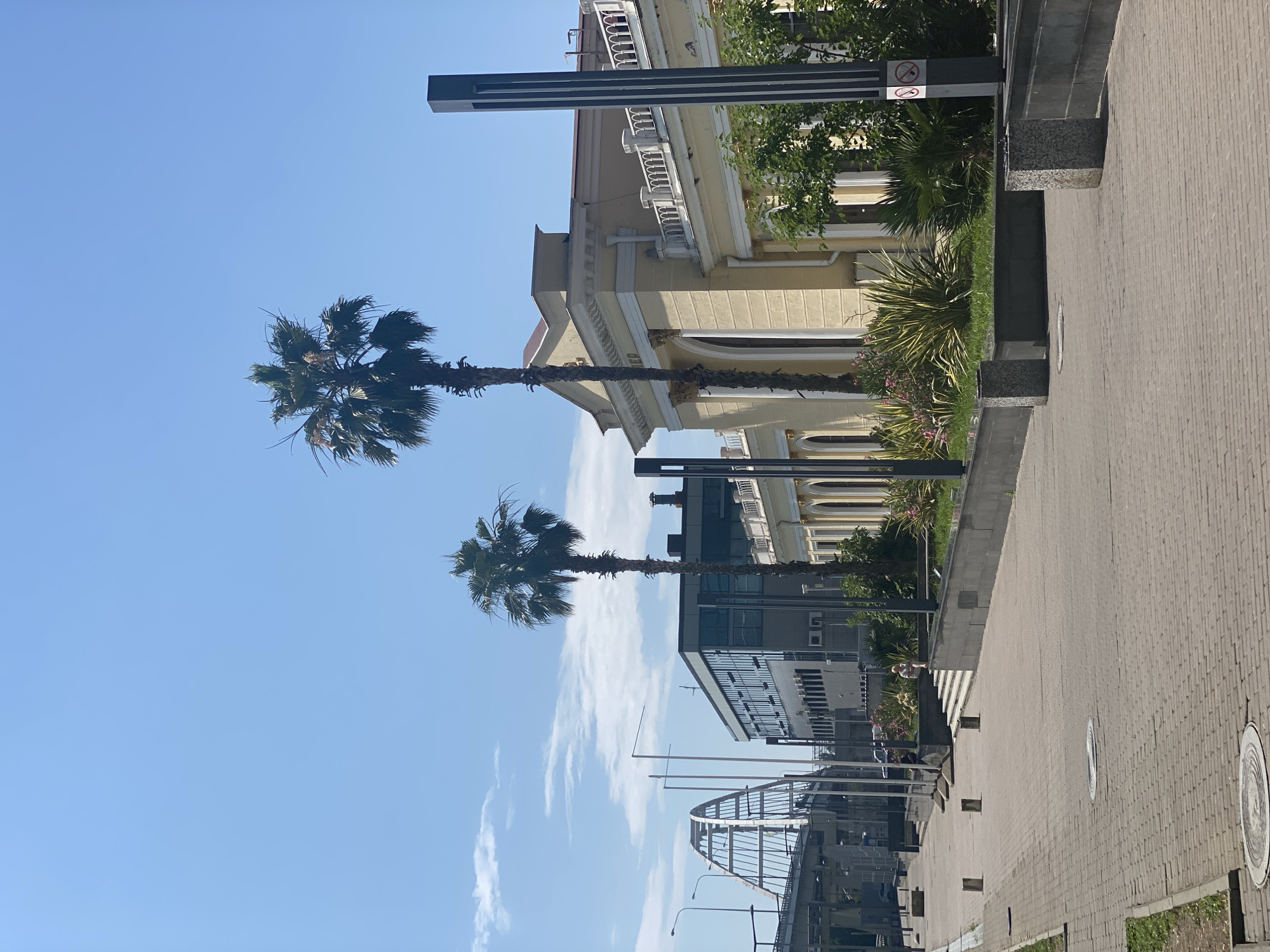 In the city of Sochi, Russia, a paved pedestrian walkway runs along a waterfront area. The walkway is lined with planters containing lush green foliage and some flowering plants. Two tall palm trees stand prominently, one slightly to the left of center and another further to the right.
To the right of the walkway is a light yellow building with classical architectural elements, including arched windows, columns, and a decorative railing along the top. A dark, rectangular pillar with a no-smoking sign is positioned in front of this building. To the left of the walkway, a modern, multi-story grey building with many windows is visible. In the background, a large, arched bridge spans across a body of water.
The sky above is a clear, bright blue with a few wispy white clouds. The overall scene suggests a sunny day in a public urban space.