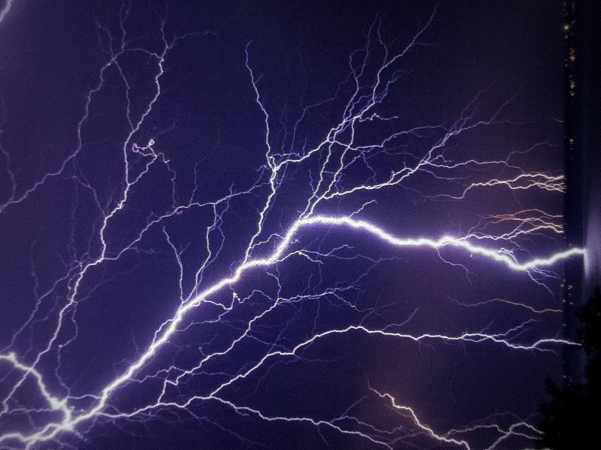 The image displays a dramatic and intense lightning storm illuminating a night sky. Multiple bright, white-to-purplish lightning bolts crisscross the dark, deep blue-purple expanse. The lightning forms intricate, branching patterns, resembling an electrical network or a vast, glowing root system across the frame.
A prominent, thick bolt of lightning cuts horizontally through the mid-section of the image, appearing exceptionally vibrant and powerful, with numerous smaller tendrils extending from it. Other bolts are visible both above and below this main strike, contributing to the overall sense of a widespread and powerful electrical discharge. The intense light from the lightning briefly brightens the surrounding atmosphere.
The scene takes place at night, evident from the profound darkness of the sky, with the lightning acting as the primary source of illumination. The weather is clearly a severe thunderstorm. On the far right side of the image, a dark, vertical silhouette is partially visible, which might be the edge of a building or dense trees, suggesting an observation point overlooking a landscape. There are no visible people, specific objects, or discernible text in the image. This powerful natural event is captured in Varna, Bulgaria.