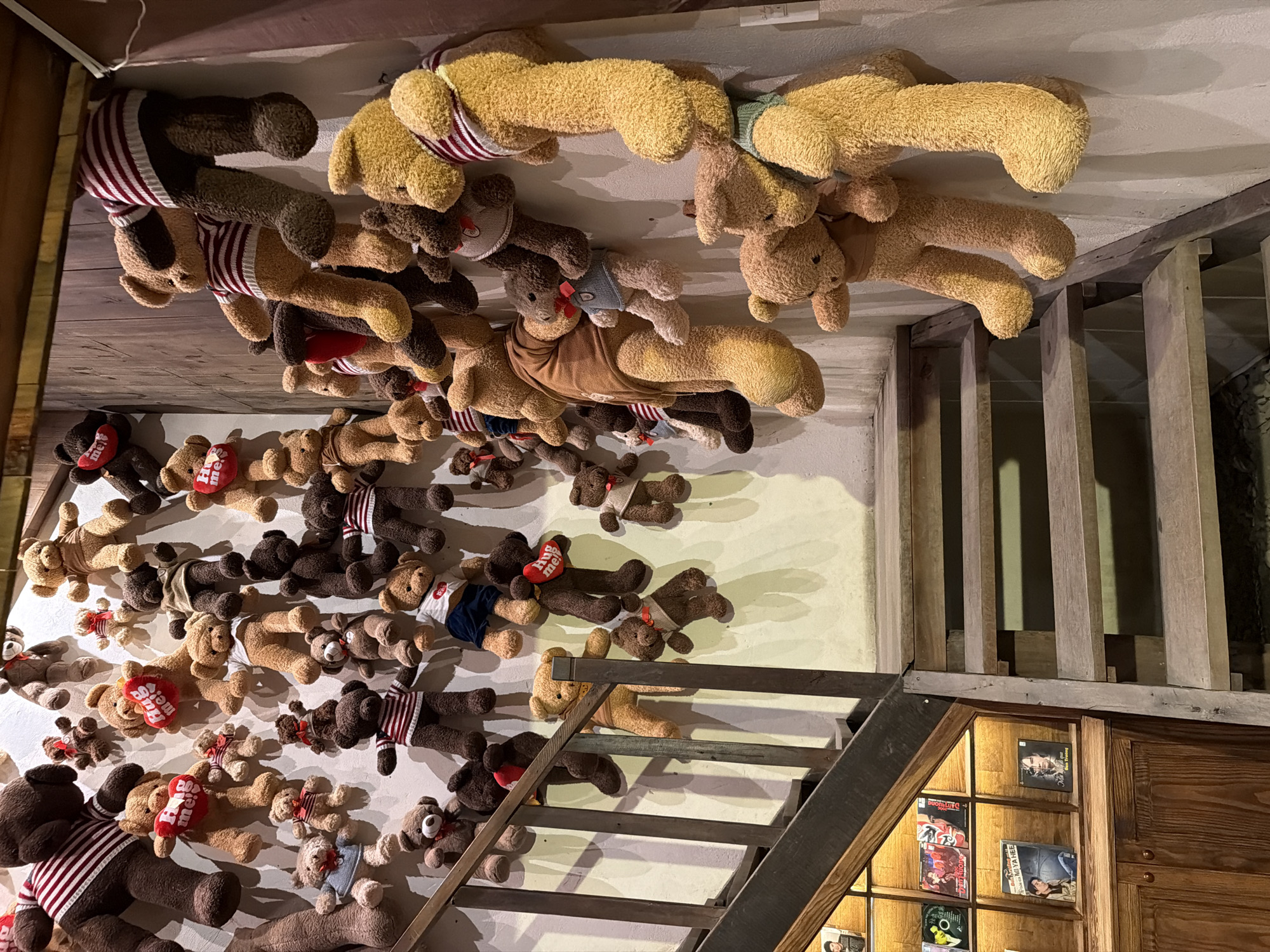 An interior view depicts a wooden staircase ascending from the lower left towards the upper left, adjacent to a light-colored wall adorned with numerous stuffed teddy bears. The scene is located in a building within Nam Nha Trang Ward, Vietnam.
The staircase features a dark brown wooden banister on the left, with light brown wooden steps that exhibit signs of wear. Underneath the upper section of the stairs on the left, a wooden cabinet with multiple shelves is visible. These shelves house framed objects, including album covers or photographs, some displaying portraits of individuals. Visible text on these items includes "NUA THE KI..." and "DAO TRUONG."
The wall on the right side of the staircase is uniformly light-colored and serves as a display for approximately 50-60 teddy bears of varying sizes, ranging from small to large. The bears are predominantly brown, light brown, or yellow in color. Many are dressed in miniature clothing, including striped shirts, solid-colored sweaters, and vests. Several bears hold small red heart-shaped objects with white text, such as "Hug me!" or "Me me!". The bears are affixed to the wall in a dense, scattered arrangement, creating an impression of movement alongside the staircase. Shadows cast by the bears and the staircase suggest overhead or side lighting. No human figures are present in the immediate scene.