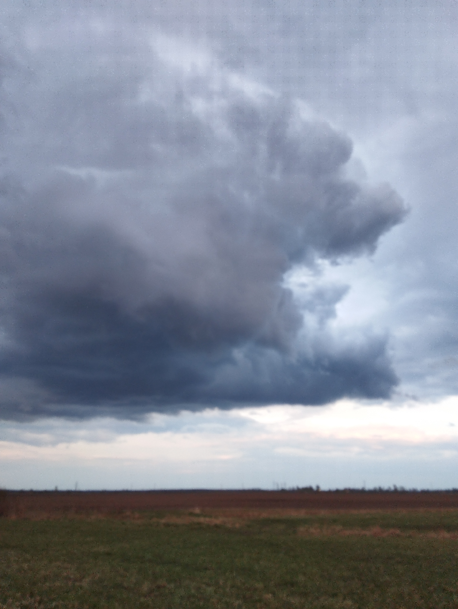 The image depicts a rural landscape under a stormy sky. Dominating the upper portion of the frame are dark, heavy storm clouds. Beneath the clouds is a thin band of lighter sky, suggesting either a break in the storm or the approaching horizon. The lower portion of the image shows a field. The foreground section of the field appears to be covered in low-lying vegetation, primarily green and brown hues. Beyond this is a section of tilled or bare earth, characterized by reddish-brown tones. The horizon line features a row of distant trees or possibly a treeline. The overall focus is somewhat soft, giving the image a slightly blurred appearance. There is no indication of location, city, or any recognizable subjects.