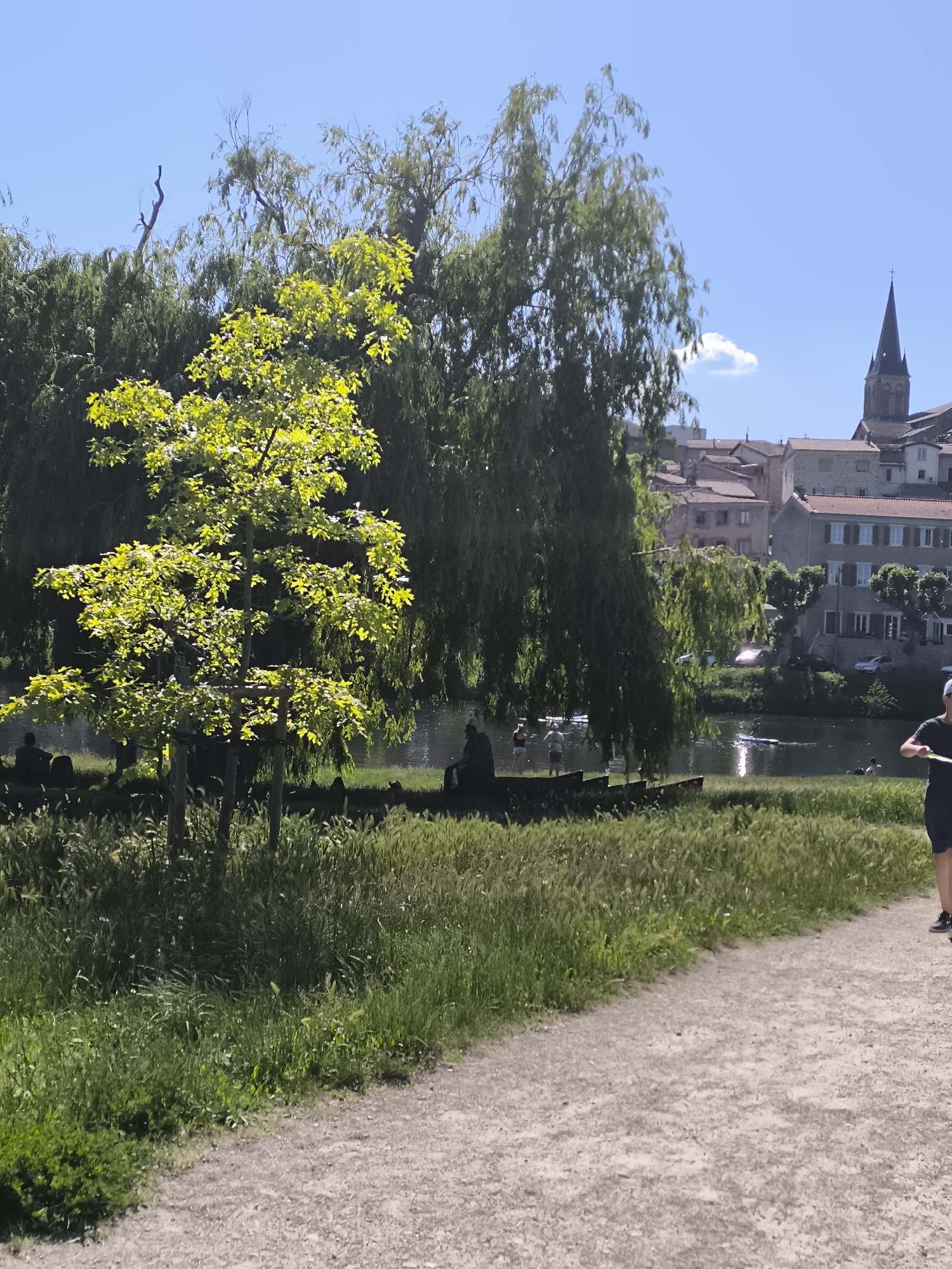 The image depicts a park-like setting in Chézenas, France. In the background, buildings are visible, including a church with a tall spire. A tree with bright green leaves stands prominently in the foreground, with weeping willow trees behind it. A body of water, likely a river or a large pond, is also visible, with people engaging in water activities. A dirt path runs along the edge of the park, and a person is walking along it. Grass and other greenery cover the ground. People are seated along the waterfront. The sky is blue with some clouds.