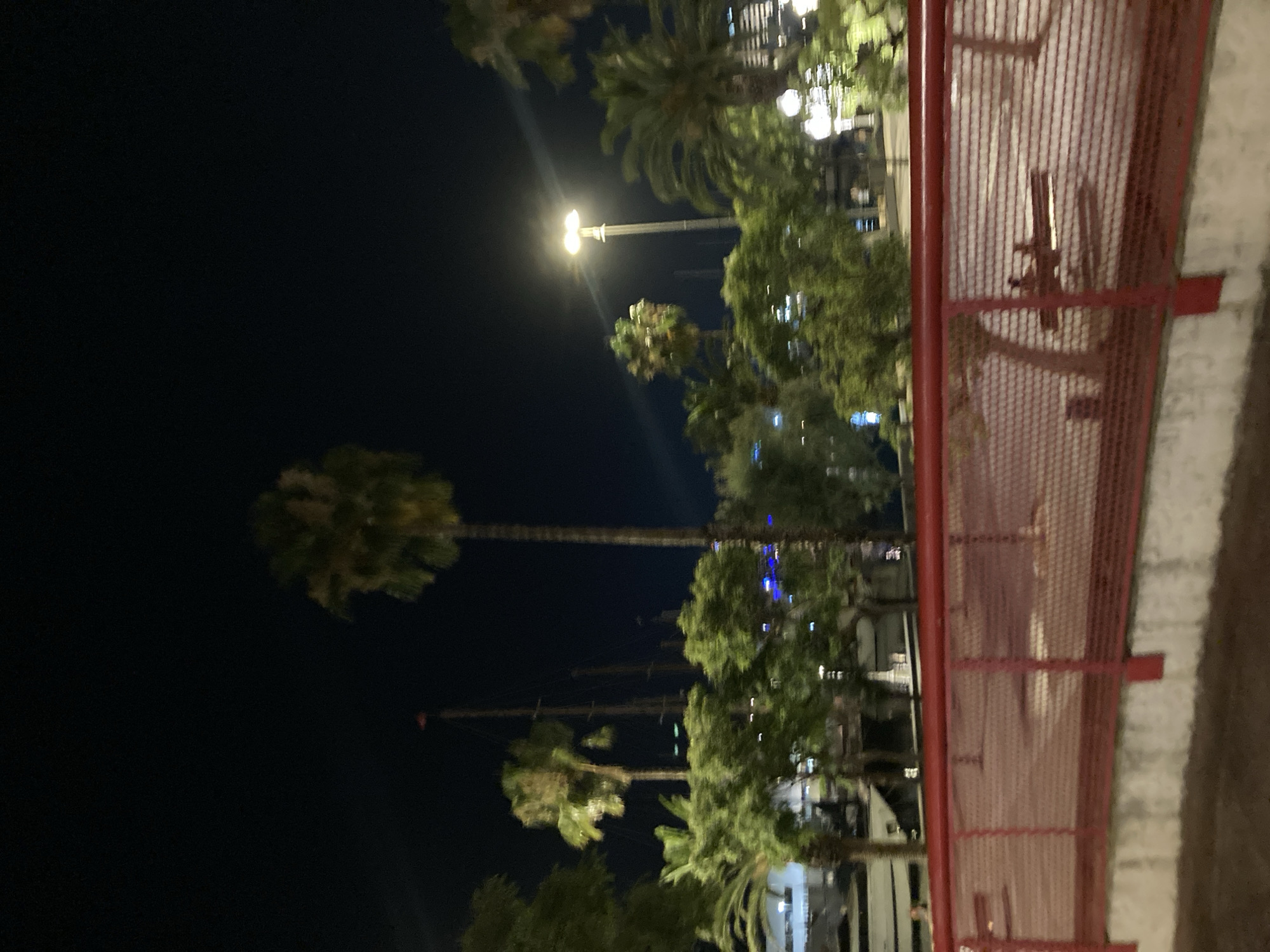 The image depicts a nighttime scene in a waterfront area of Barcelona, Spain. In the foreground, a red metal fence with a mesh infill encloses a paved area, likely a promenade or seating area. Beyond the fence, several palm trees are visible, some illuminated by artificial light. In the middle ground, there are more trees and various boats moored in a marina. Tall masts of sailboats are particularly prominent against the dark sky. A lamppost with two lights illuminates the scene from the right side of the frame. In the background, buildings can be seen in the distance, suggesting an urban environment. The overall atmosphere is calm and somewhat serene, typical of a nighttime harbor setting.
