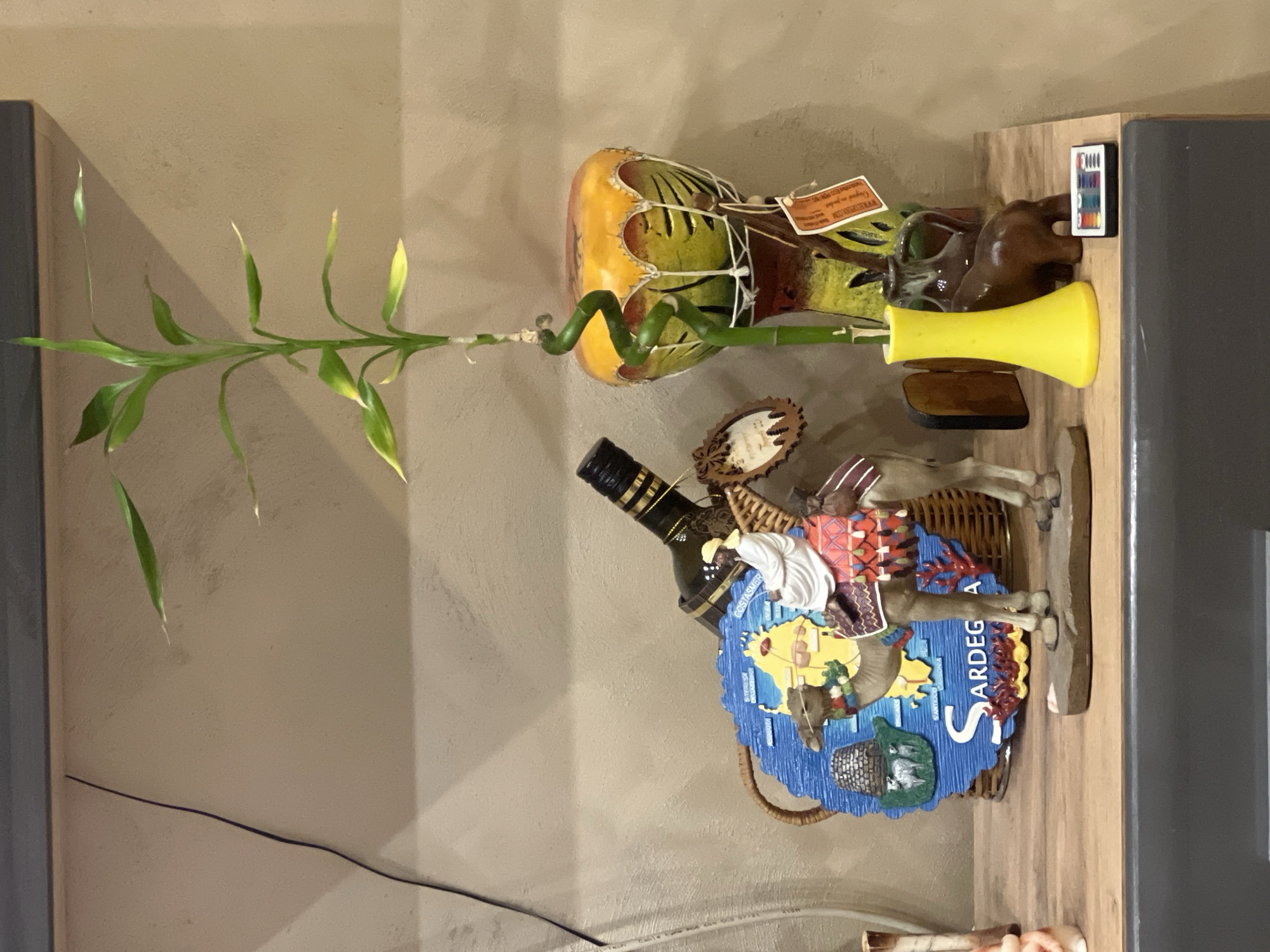 The image presents a still life arrangement of various decorative items displayed on a light wooden surface, likely a shelf, against a textured light beige wall.
On the left, a tall "lucky bamboo" plant with several slender green stalks and leaves reaches upwards. Some of the leaves show signs of yellowing. The main stalk of the bamboo has a distinct spiral section near its base.
Behind the bamboo plant, a decorative gourd-shaped item, painted in earthy tones of yellow, green, and reddish-brown, is encased in a white string net. A small tag hangs from it, partially legible with "WWW.SANTAROSA.COM" visible. To its right, a small, dark brown elephant figurine stands beside a bright yellow, trumpet-shaped vase. A small rectangular remote control with multiple colorful buttons, including red, green, blue, and labels like "ON", "OFF", is placed near the elephant, next to a dark grey object partially visible on the far right.
In the foreground, a woven basket holds an elaborate display of figurines and a wine bottle. A prominent blue, irregularly shaped piece, resembling a map, features the word "SARDEGNA" in white letters, strongly indicating the island of Sardinia, Italy. Above this, the text "GOSHA SHER" is also visible. Arranged around the "Sardegna" piece are figurines depicting camels and people in traditional attire, one person wearing a white robe. A dark-colored wine bottle with a gold-wrapped neck is nestled among these items.
The scene is indoors, with diffused lighting that does not cast harsh shadows. A thin black cable runs horizontally along the lower part of the wall. The collection of objects suggests souvenirs or personal keepsakes, with the "SARDEGNA" text providing a clear geographical reference for some of the items.