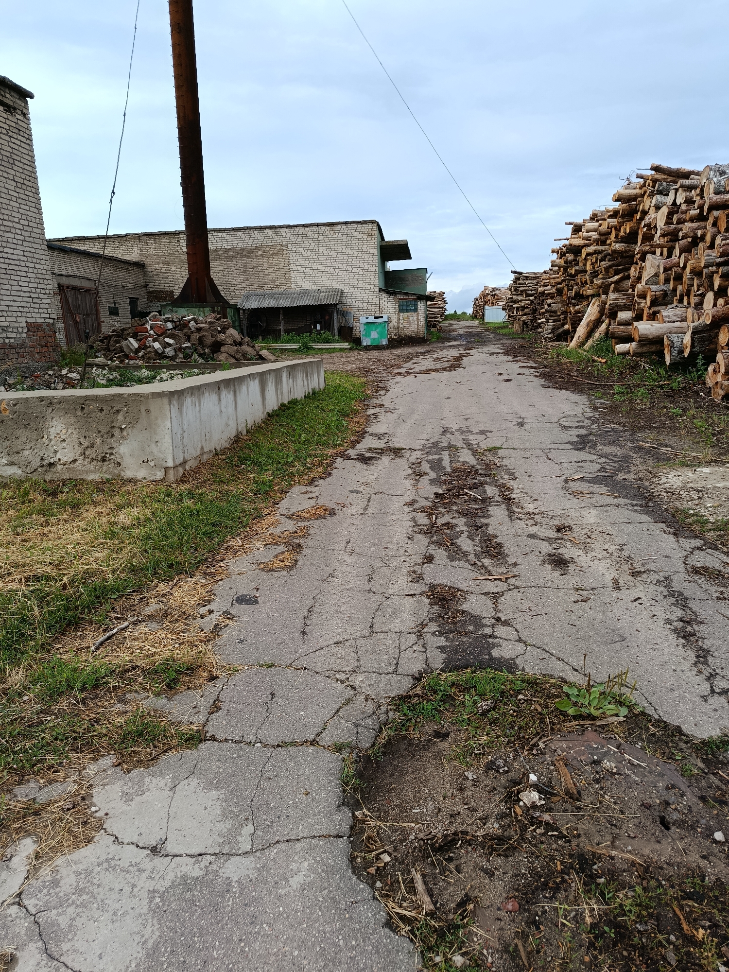 The image depicts an outdoor scene at what appears to be a lumber or industrial facility in the Smielyavichy rural council, Belarus. The foreground is dominated by a cracked asphalt road leading into the distance. To the left of the road, there is a concrete structure and a pile of bricks and debris. Further back on the left, there are brick buildings, one with a large, rusty metal smokestack. To the right of the road, there are massive stacks of cut logs, suggesting a wood processing or storage area. The sky is overcast with clouds. There are no people or animals visible in the image. The environment appears to be a working industrial site with evidence of wear and tear.