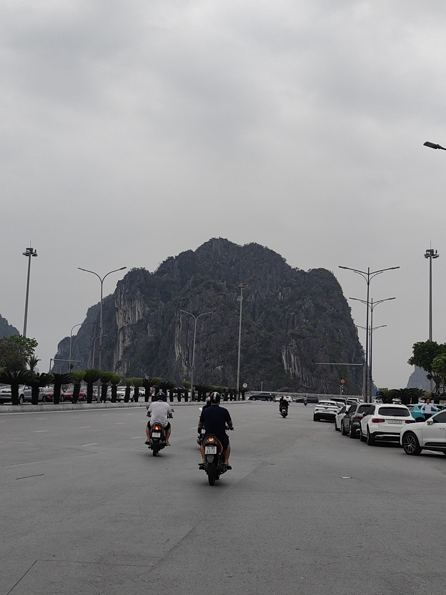 The image shows a street scene in Hong Gai Ward, Vietnam, featuring a large, dark, rocky mountain in the background. The sky is overcast. In the foreground, two motorbikes are traveling away from the camera on a wide paved road. A third motorbike is further ahead in the same direction. A line of parked cars is visible on the right side of the road. Streetlights are spaced along the sides of the road. Palm trees line the median.