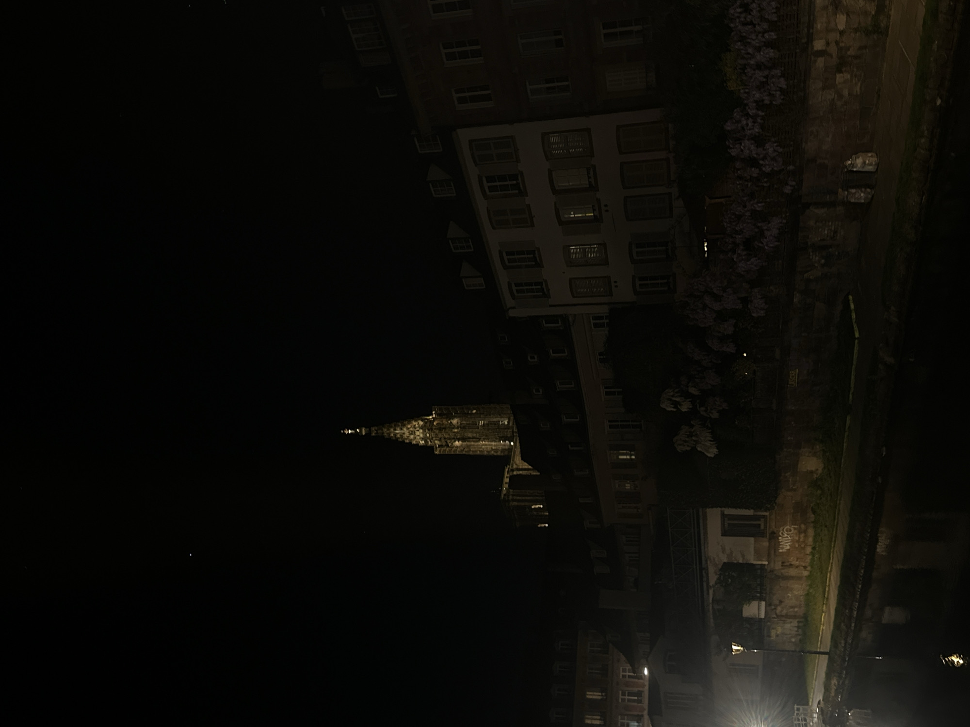 At night, a tall, ornate cathedral is visible to the left of multistory buildings along a canal in Strasbourg, France.