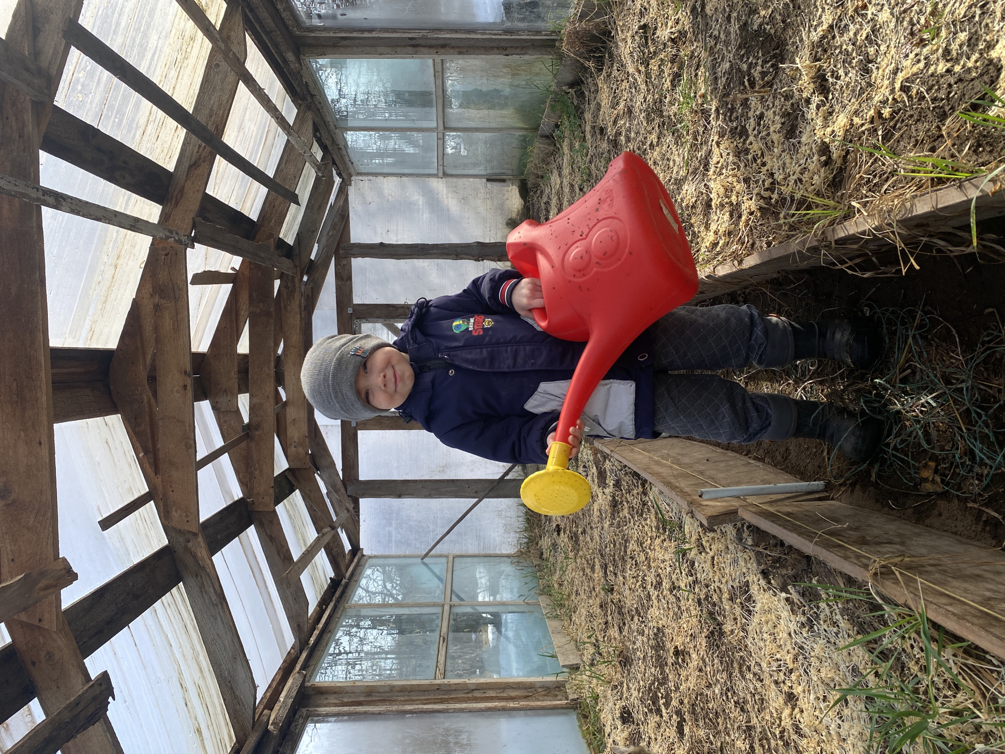 A young child, wearing a gray knit hat, navy blue jacket with patches, and dark pants and boots, stands in a greenhouse. The child smiles at the camera while holding a red plastic watering can with a yellow spout. The greenhouse has a wooden frame with translucent panels and glass windows. The ground is covered in dry plant matter and soil. The photograph was taken in Ольховка, Russia.