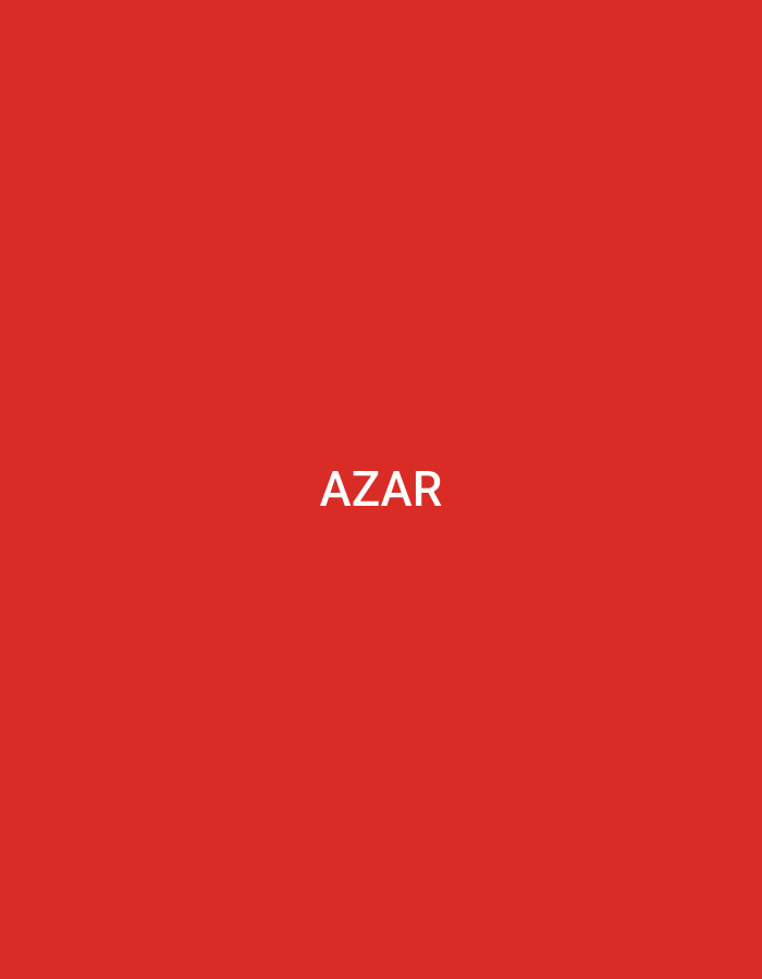 The image features a solid, monochromatic red background. Centered horizontally, the word "AZAR" is displayed in white, sans-serif, uppercase lettering. No other subjects, objects, people, or environmental features are present within the frame. The scene is noted as being located in Casablanca, Morocco.