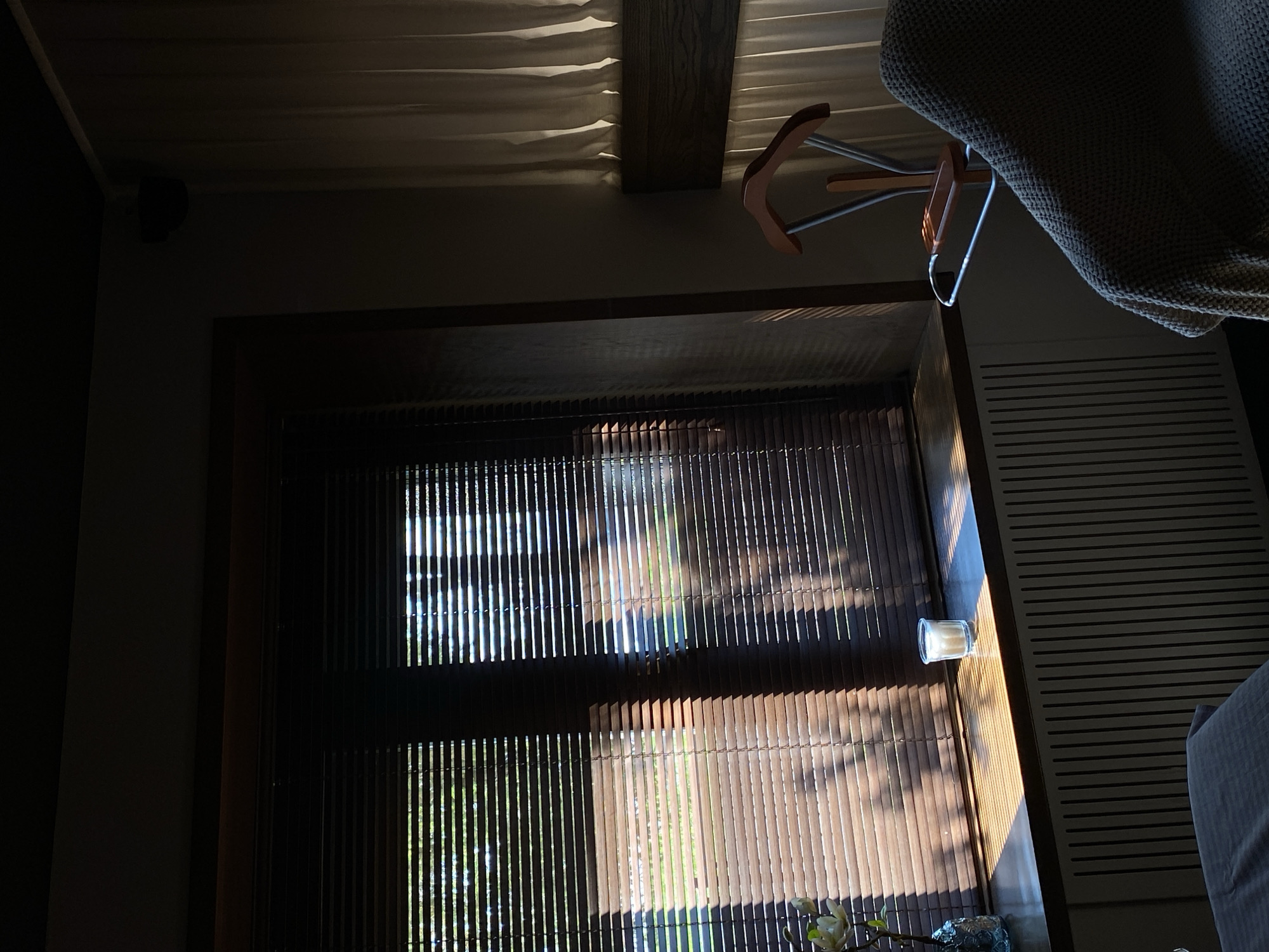 The image shows an interior view of a room with a window covered by horizontal blinds. Sunlight streams through the partially open blinds, casting shadows across the slats. Outside the window, greenery is visible, suggesting a garden or trees. In the upper part of the image, a clothes hanger and part of what appears to be a bed cover are visible. A small glass with a candle is positioned near the window.
There is no evidence within the image to suggest the specific location in the city of Votkinsk, Russia, or any other location. The scene is typical of an interior domestic setting.