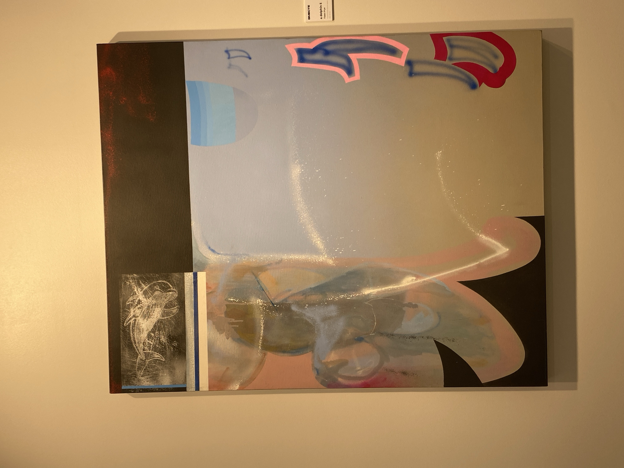 The image shows a large, abstract painting on a wall. The painting features a dark rectangular section at the top with a drawing of a fish-like creature in white chalk or charcoal. Below this, there are areas of abstract shapes and colors, including pink, light blue, and grey. There are also some spray-painted elements, including a blue and pink stylized figure on the right side. A small label is attached to the wall to the right of the painting, reading "BMECTE a dolphin 5 Nason Prye". The painting is illuminated by ambient light, casting a shadow on the wall below. The wall itself is a neutral, light color. The painting appears to be in an indoor exhibition space.