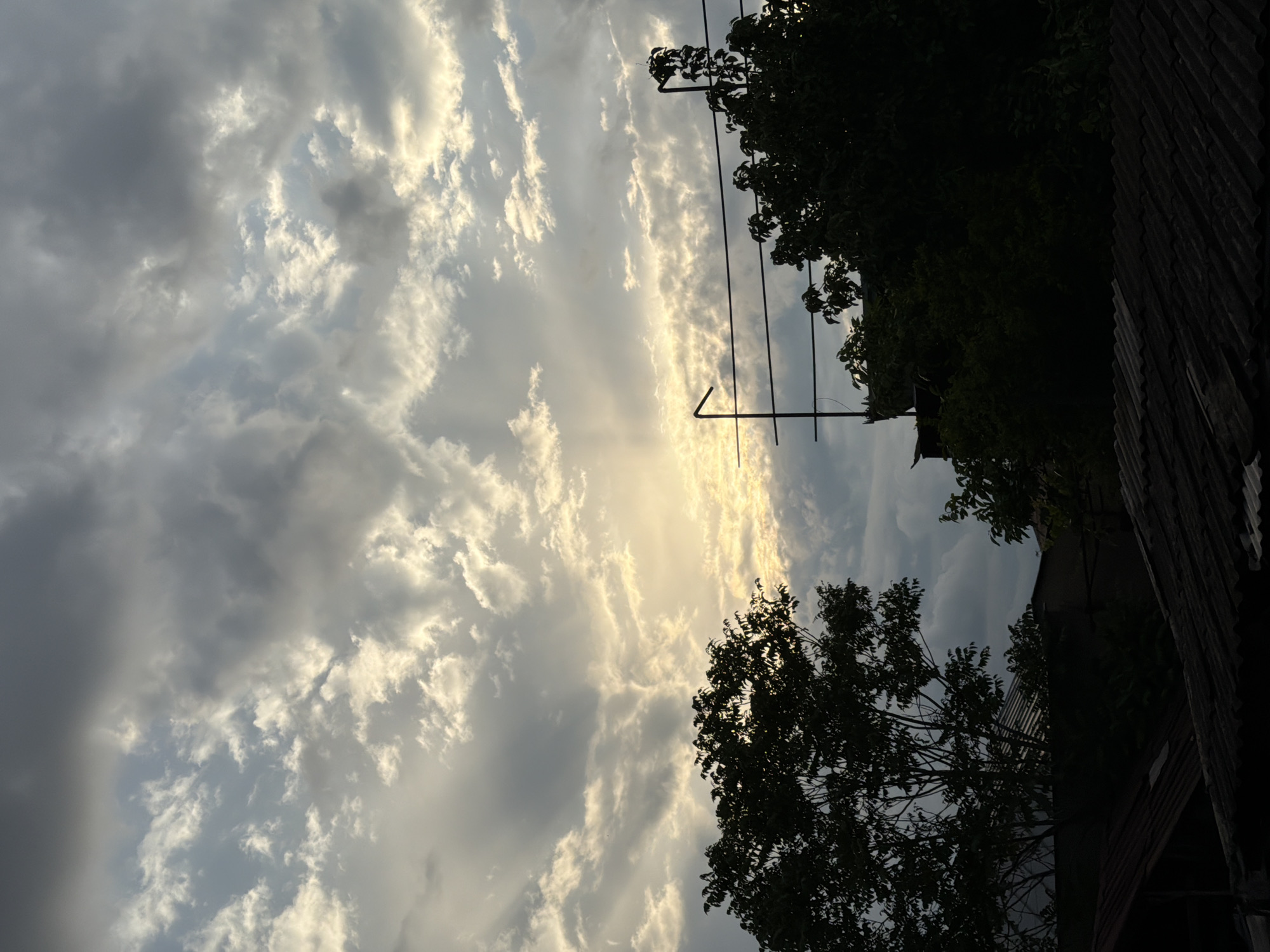 The image is a low-angle, rotated view of a cloudy sky at sunset in Tbilisi, Georgia. Wispy, white clouds are predominantly in the left half of the frame, while a sliver of bright, yellow sunlight penetrates the clouds in the middle. Silhouetted trees are on the right side of the frame, obscuring some of the sky and sun. Power lines and a small, L-shaped metal structure intersect the sky above the trees. A dark, corrugated structure, possibly a roof or wall, is partially visible on the far right, blending into the shadows. The image is somewhat dark, with details obscured in the shadows.